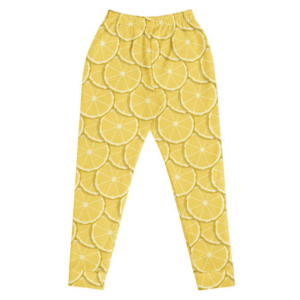 Women’s lemon slice recycled jogger pants with pockets featuring yellow lemon slice patterned leggings with elastic waistband and cuffs