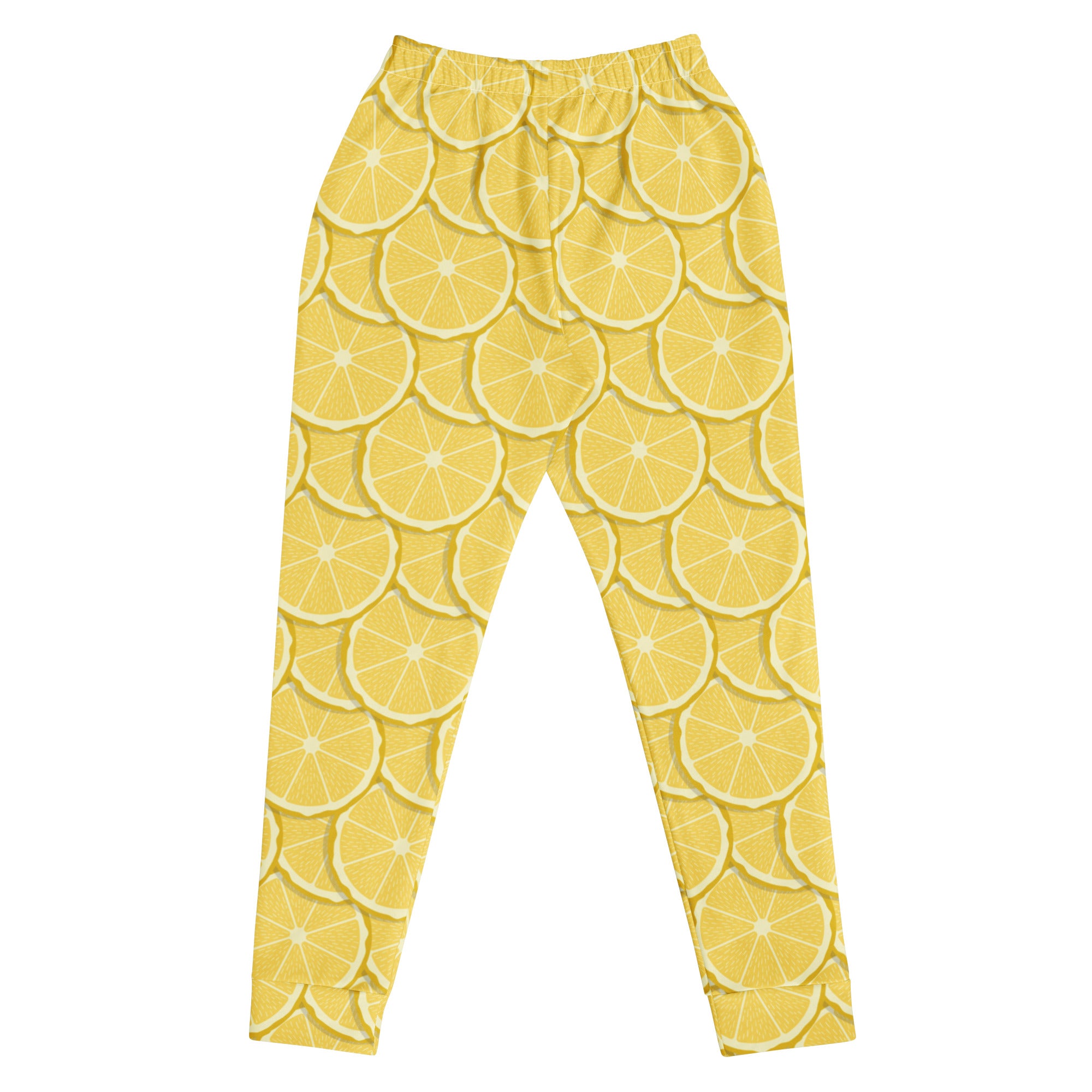 Women’s lemon slice recycled jogger pants with pockets featuring yellow lemon slice patterned leggings with elastic waistband and cuffs