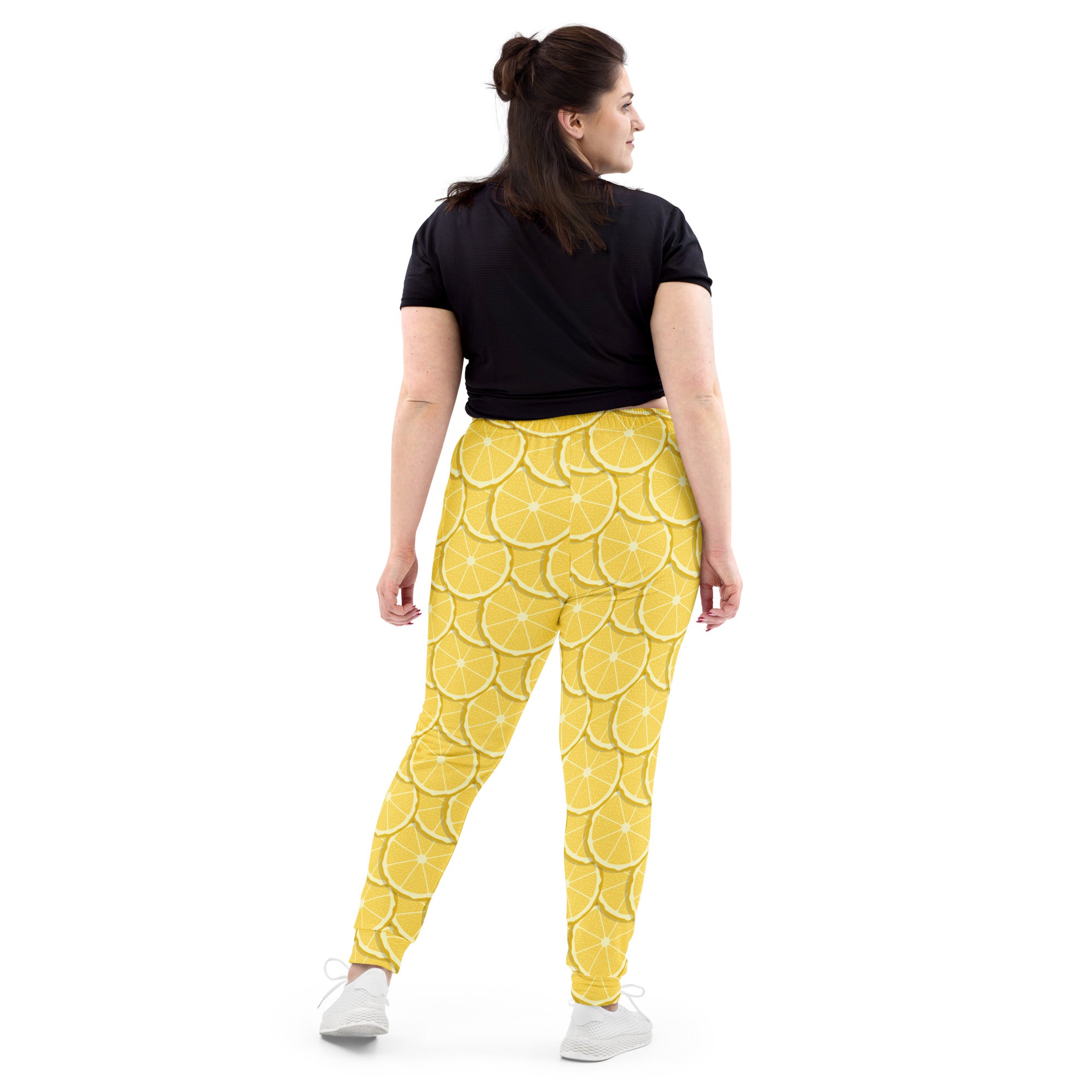 Women’s lemon slice yellow patterned recycled jogger pants with pockets and cozy brushed fleece inside