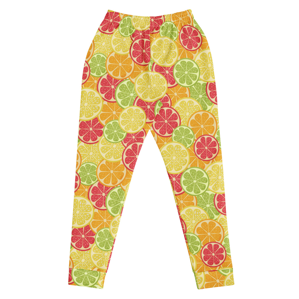 Women’s citrus slice recycled jogger pants with pockets featuring brightly colored yellow green and pink fleece-lined leggings