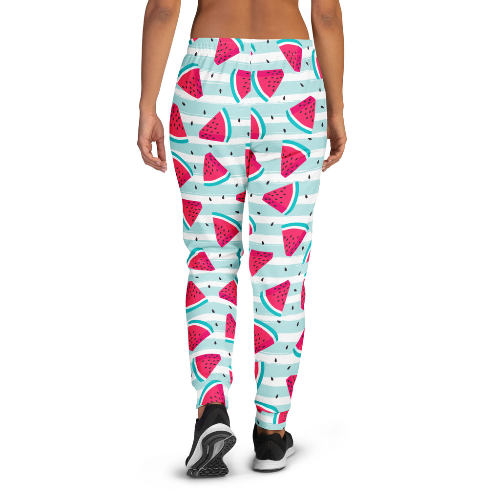 Women’s striped watermelon recycled jogger pants in vibrant pink and mint green with white stripes and cozy fleece lining