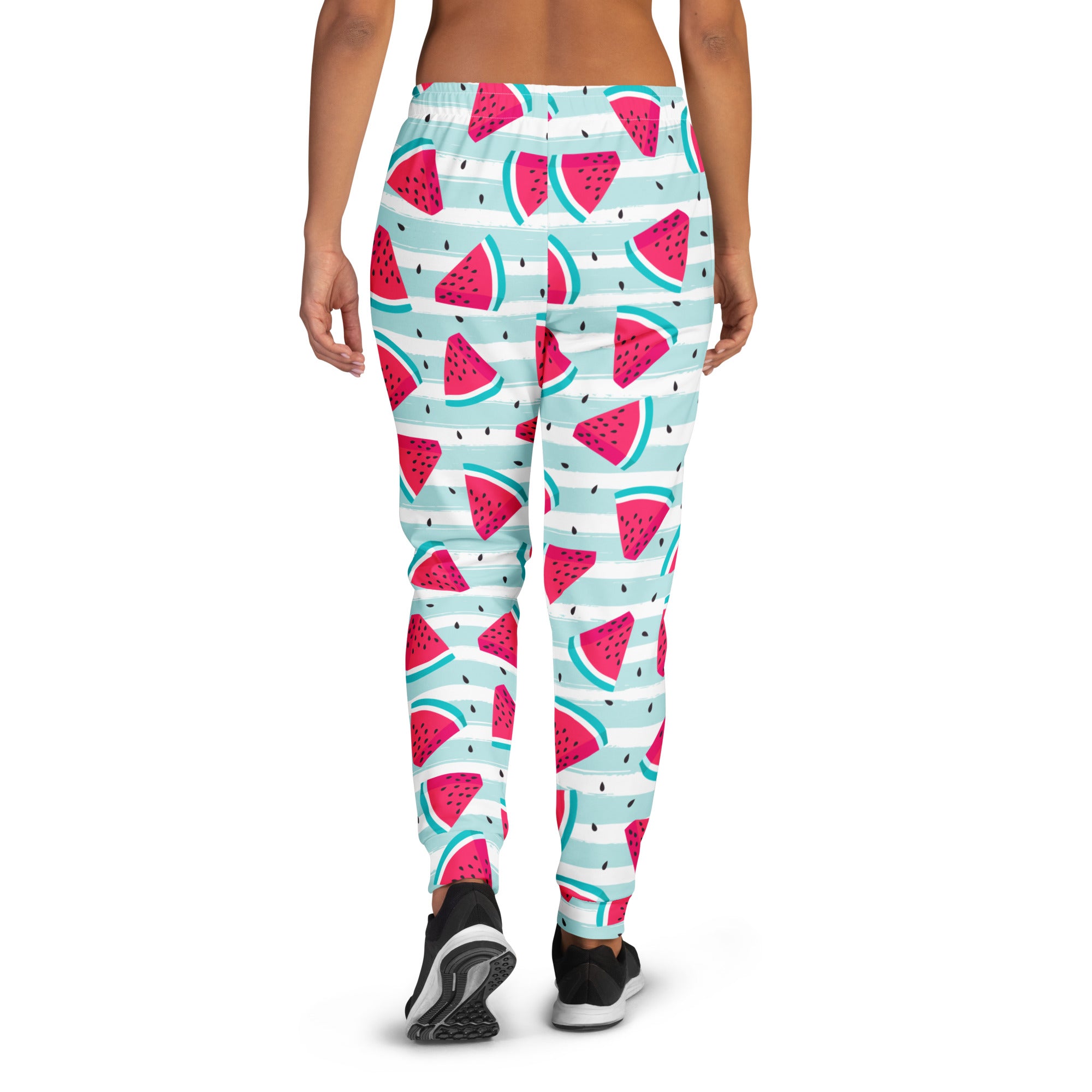 Women’s striped watermelon recycled jogger pants in vibrant pink and mint green with white stripes and cozy fleece lining
