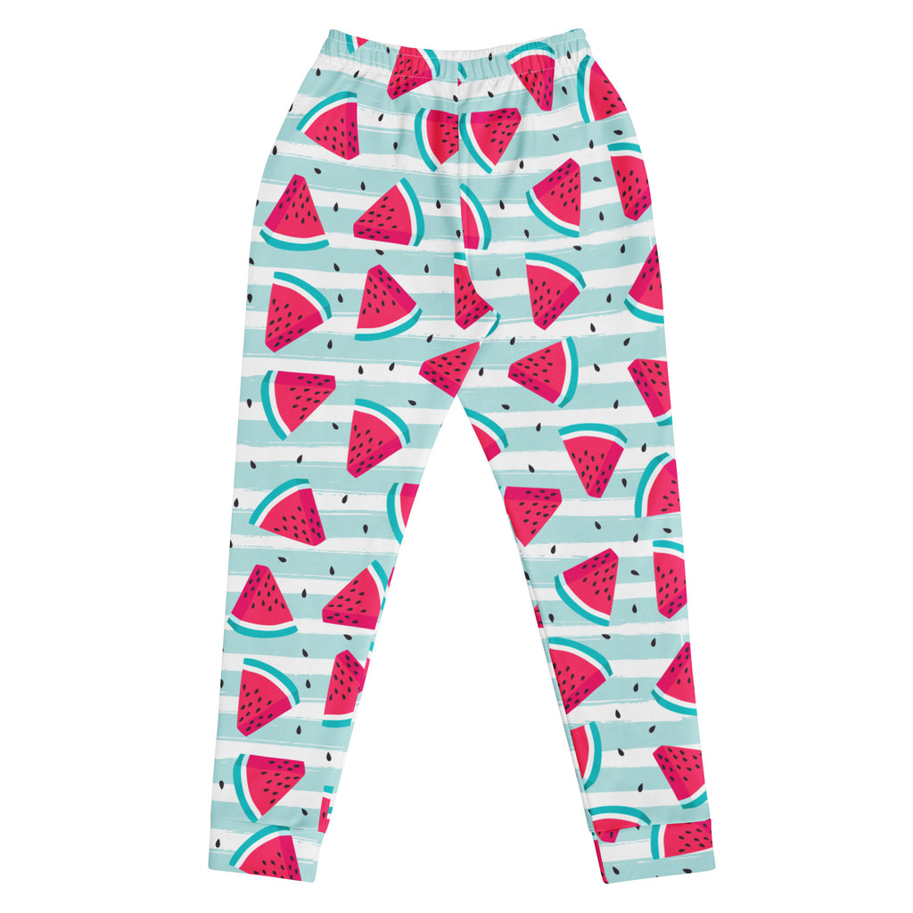 Women’s striped watermelon recycled jogger pants with vibrant pink and teal stripes cozy brushed fleece inside