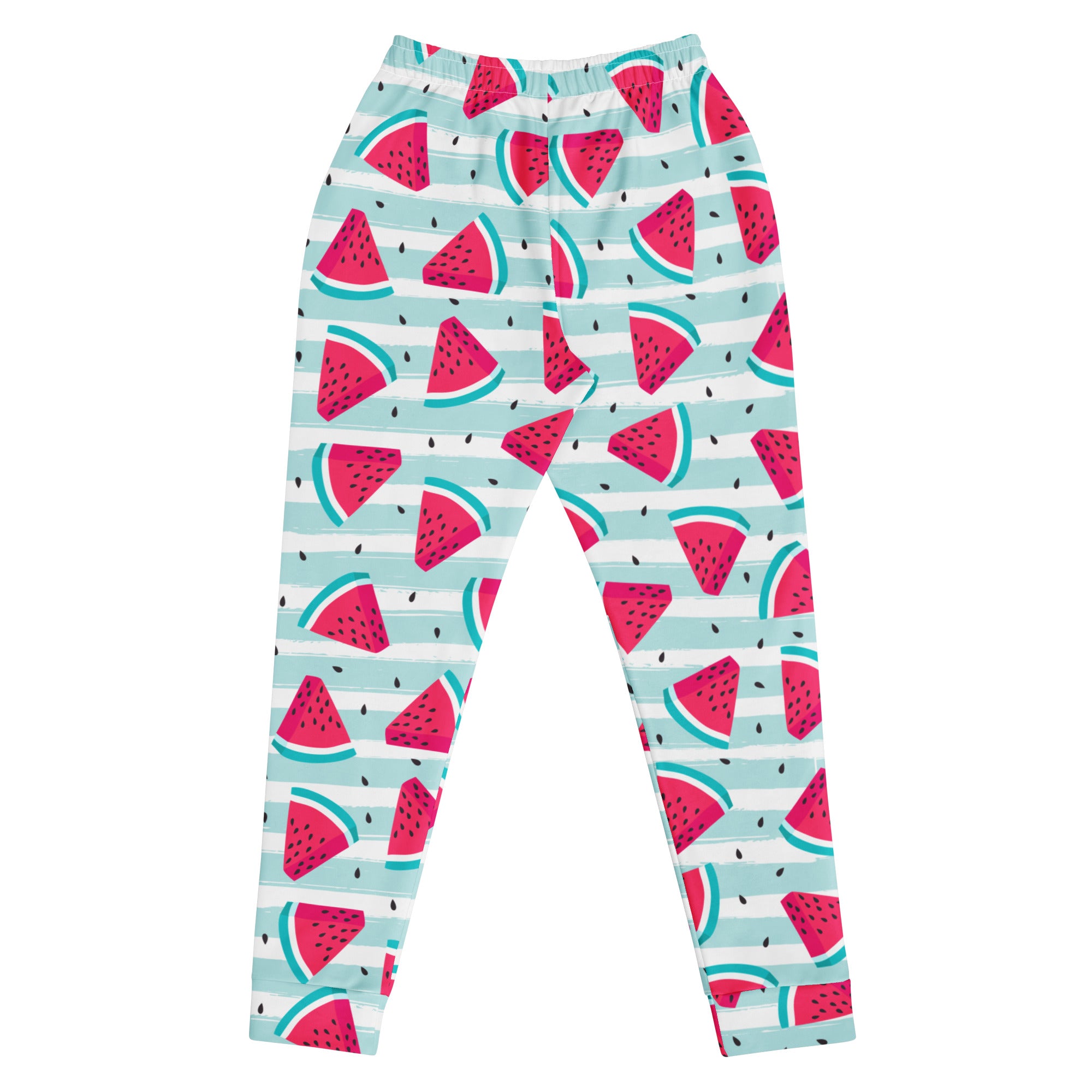 Women’s striped watermelon recycled jogger pants with vibrant pink and teal stripes cozy brushed fleece inside