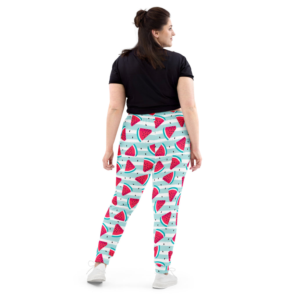 Women’s striped watermelon recycled jogger pants with pockets featuring light blue and white base and cozy fleece lining