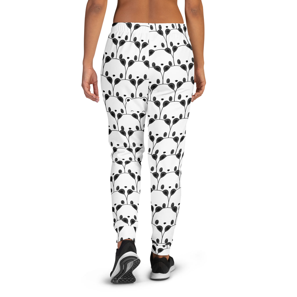 White women’s panda recycled jogger pants with black panda face pattern cozy brushed inside fleece pockets