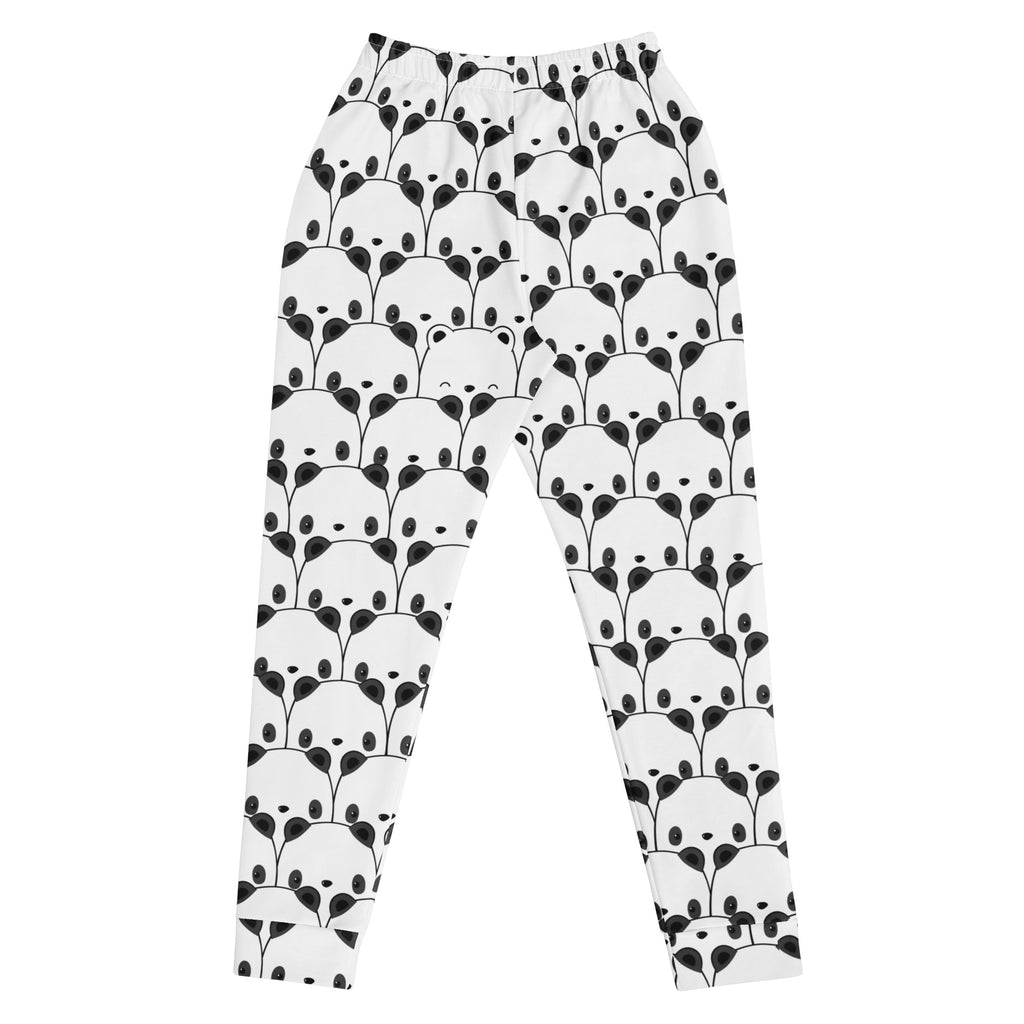 White womens jogger pants with cozy brushed fleece inside featuring black panda faces and leafy stems pattern