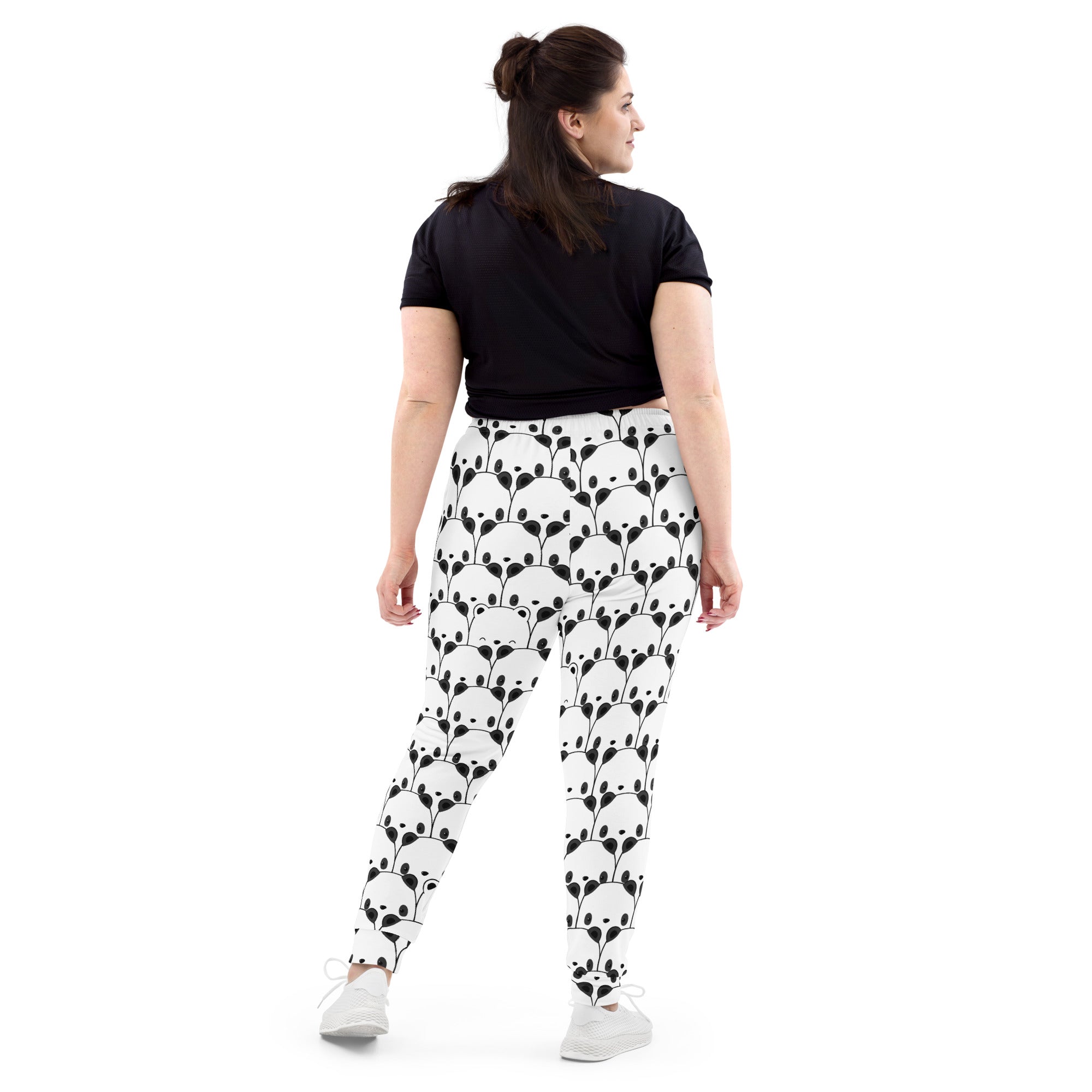 Women’s black and white panda face patterned recycled jogger pants with pockets and cozy brushed inside fleece