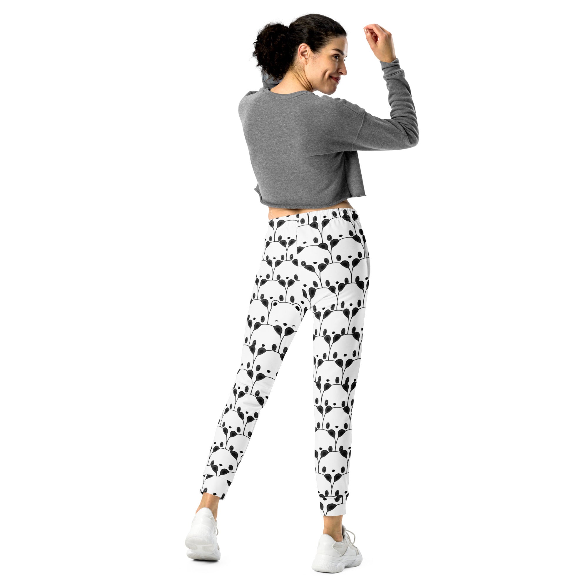 White women’s panda jogger pants with black panda face pattern cozy brushed inside fleece with pockets