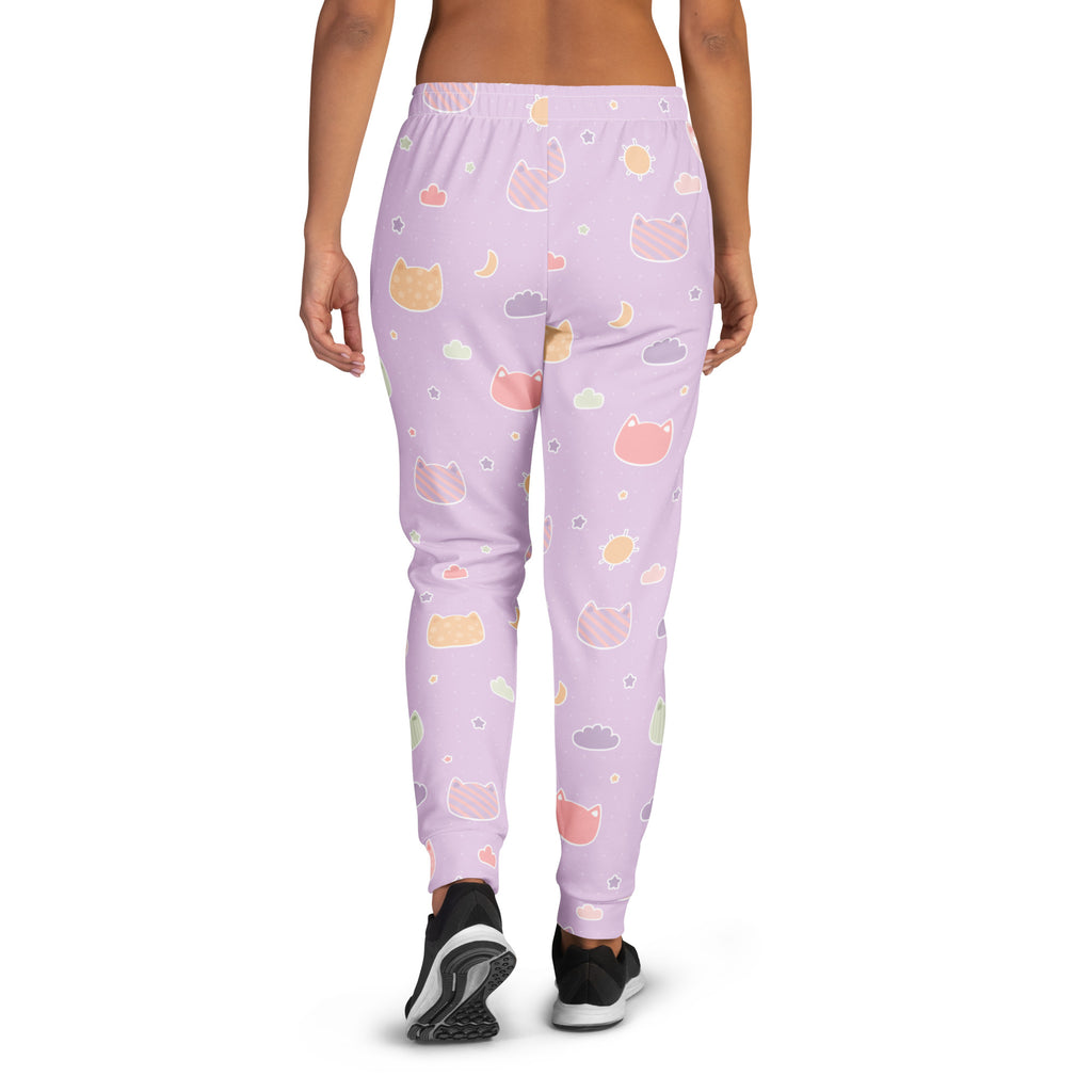 Women’s pastel purple kawaii cats and clouds recycled jogger pants with pockets featuring playful cat faces and moons