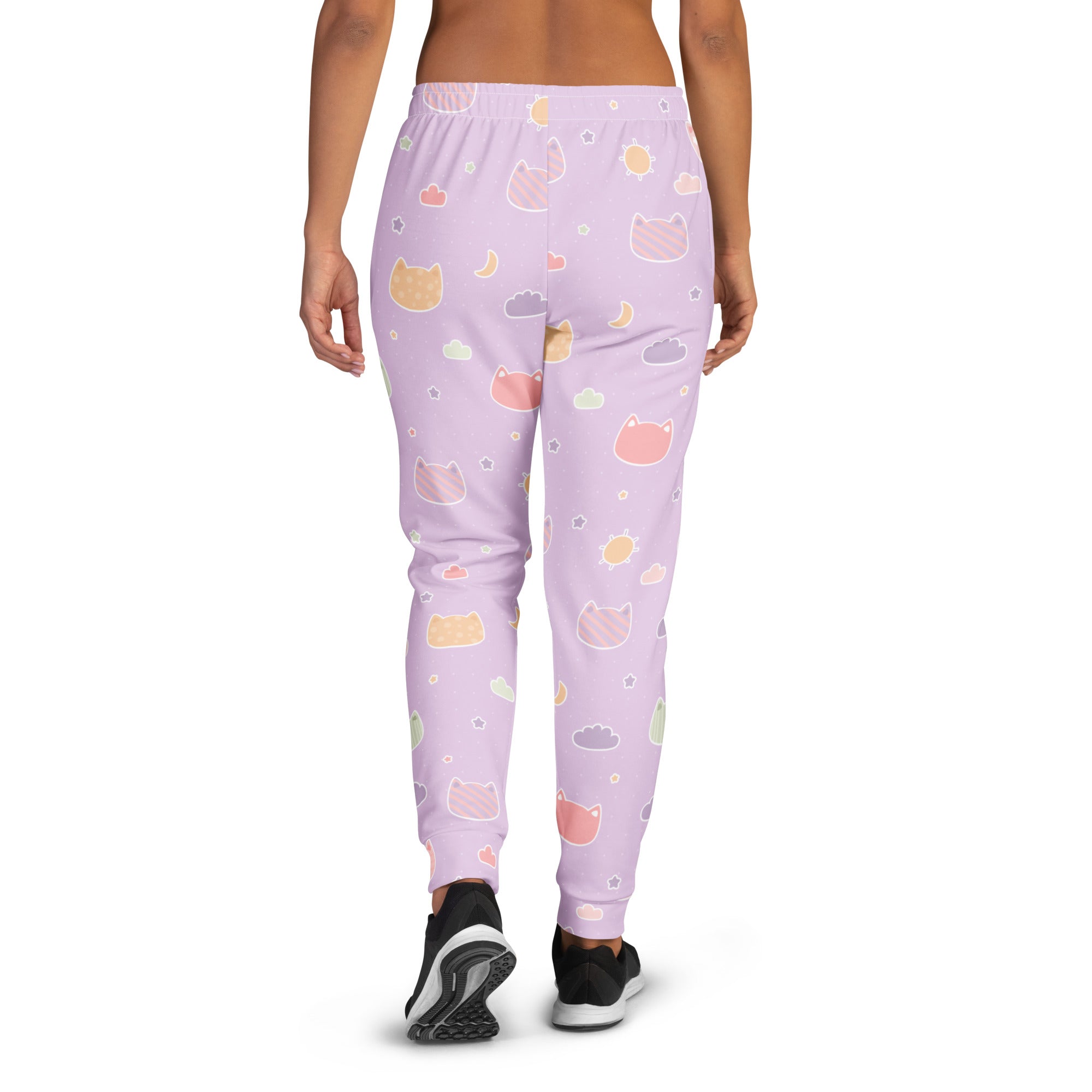 Women’s pastel purple kawaii cats and clouds recycled jogger pants with pockets featuring playful cat faces and moons