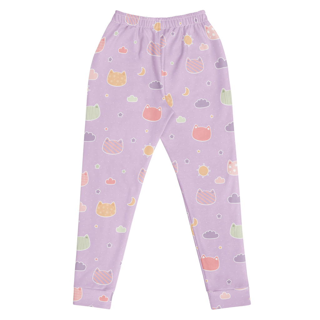 Women’s pastel purple kawaii cats and clouds recycled jogger pants with colorful cartoon pattern and cozy fleece lining
