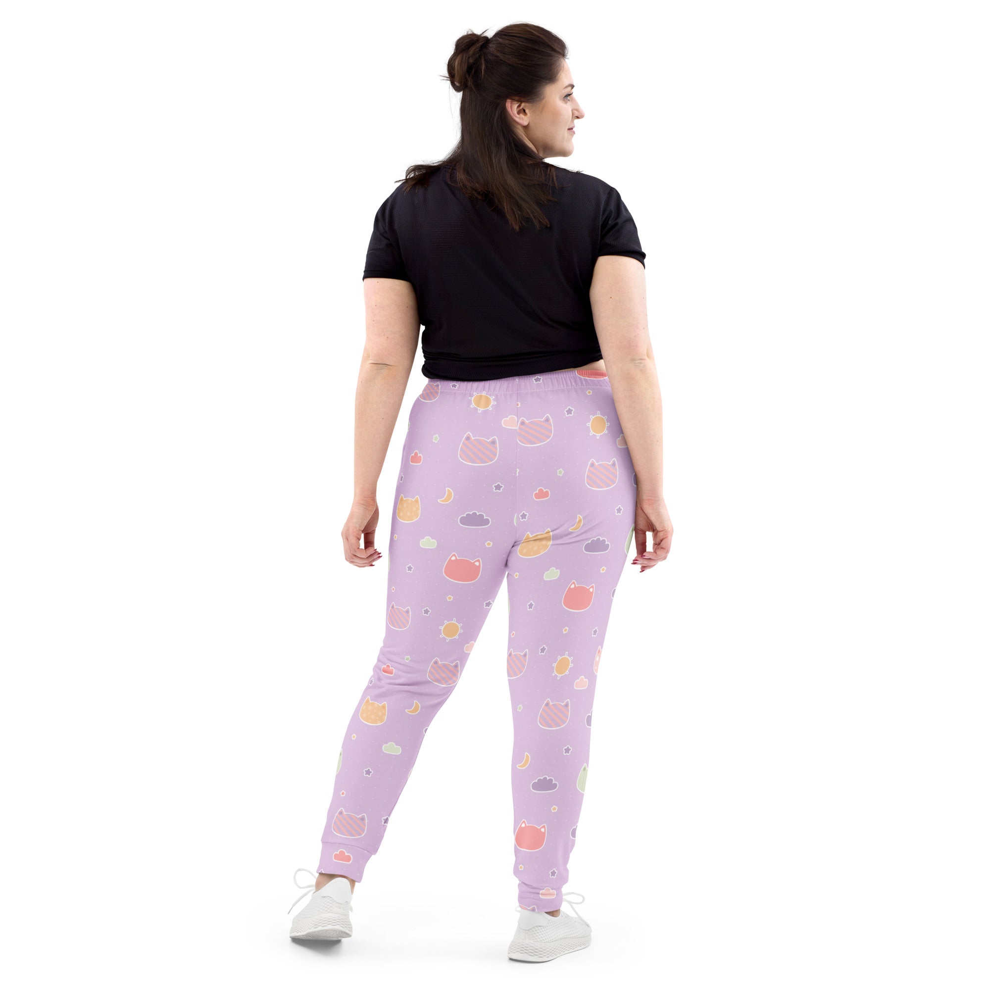 Lavender joggers with pastel kawaii cats and clouds pattern made from cozy recycled fleece with pockets