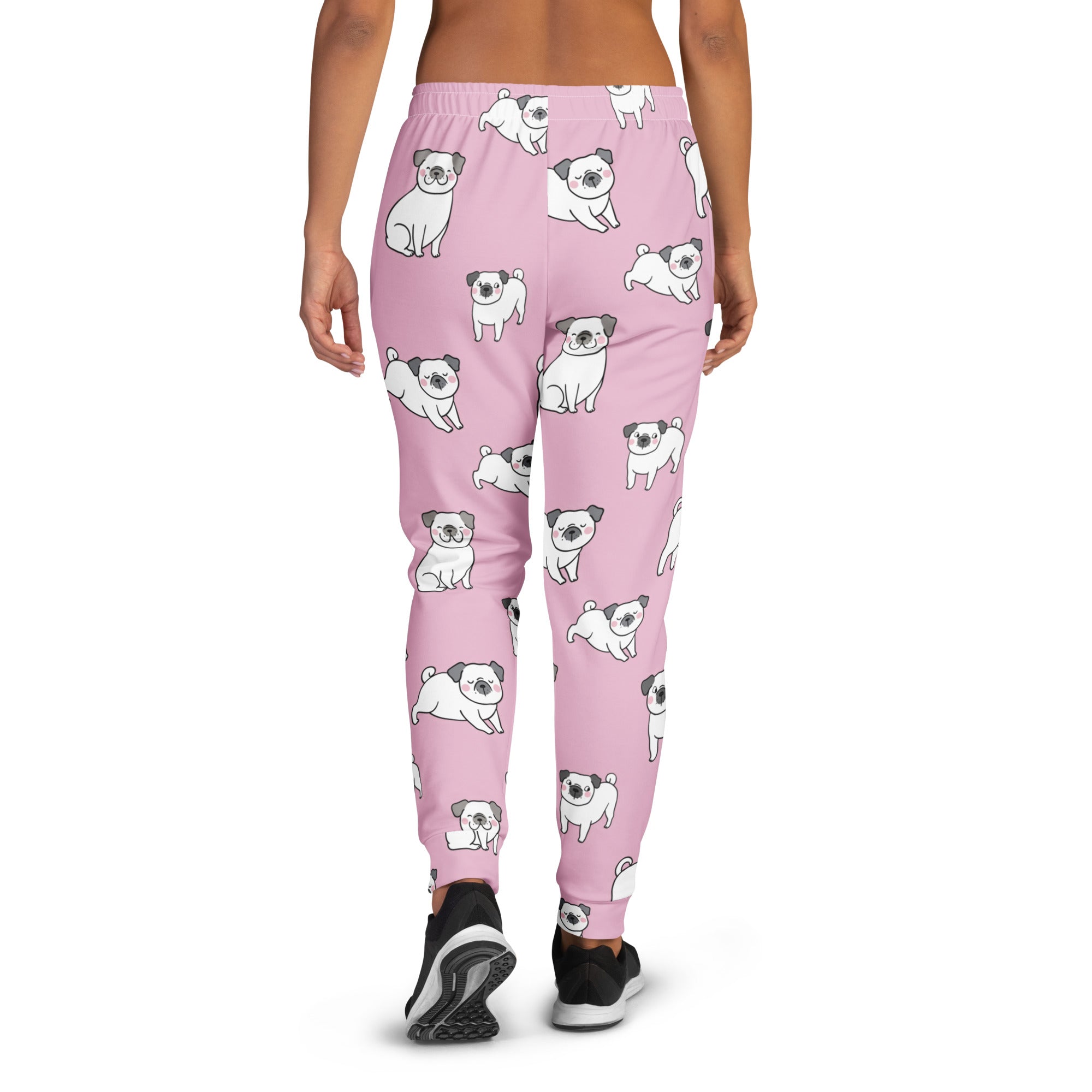 Women’s pink recycled jogger pants with white pug illustrations cozy brushed fleece inside and pockets
