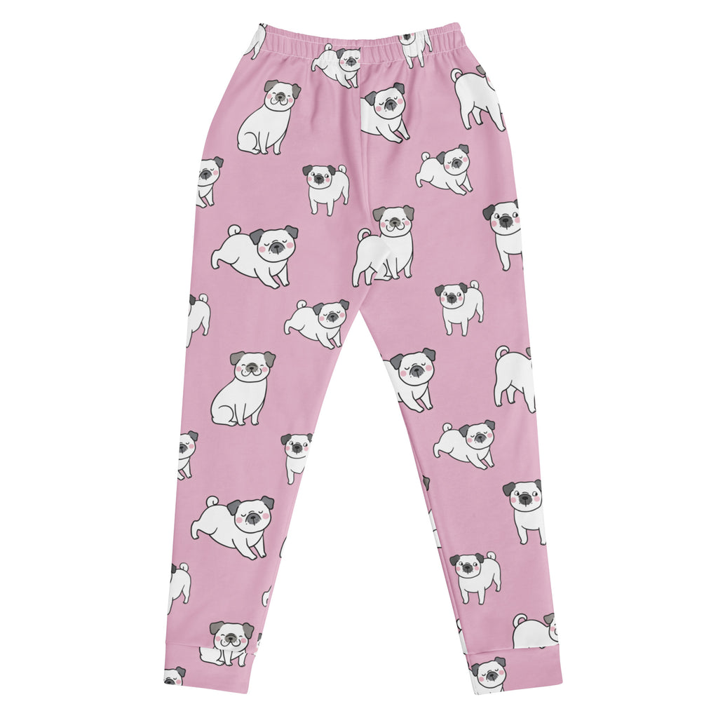 Women’s pink recycled jogger pants with cozy brushed fleece inside and white cartoon pug pattern with black ears and noses