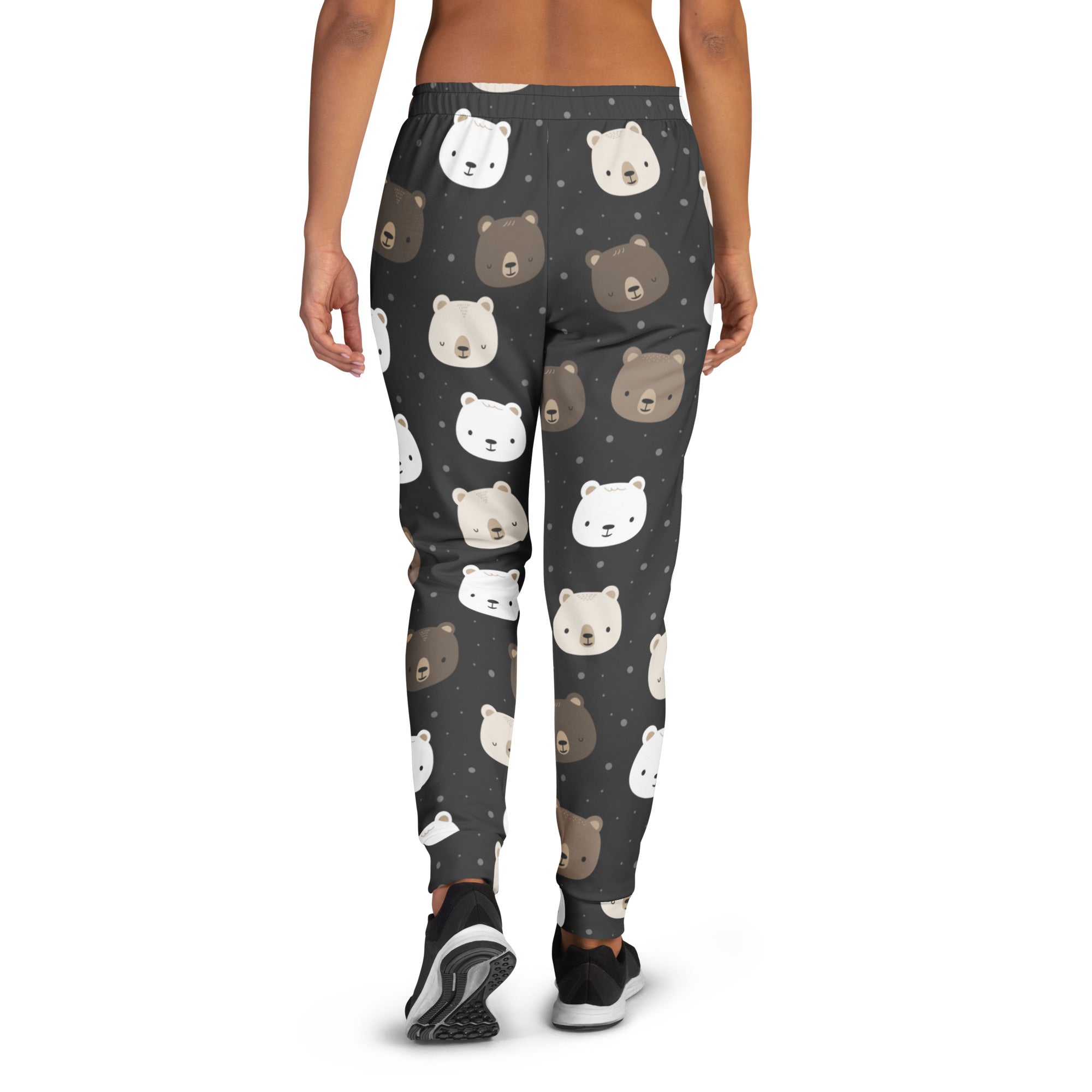 Women’s dark gray recycled jogger pants with cozy brushed fleece inside featuring white and brown bear face pattern