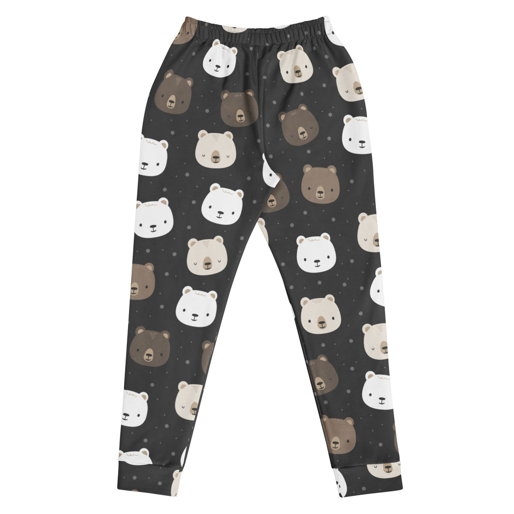 Dark gray women’s cute bear recycled jogger pants with pockets featuring white and brown bear faces on a starry fleece