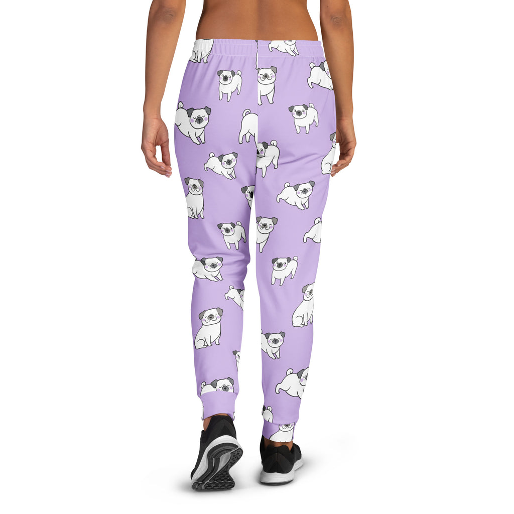 Women’s purple recycled jogger pants with cozy brushed fleece inside featuring a playful white pug pattern and pockets