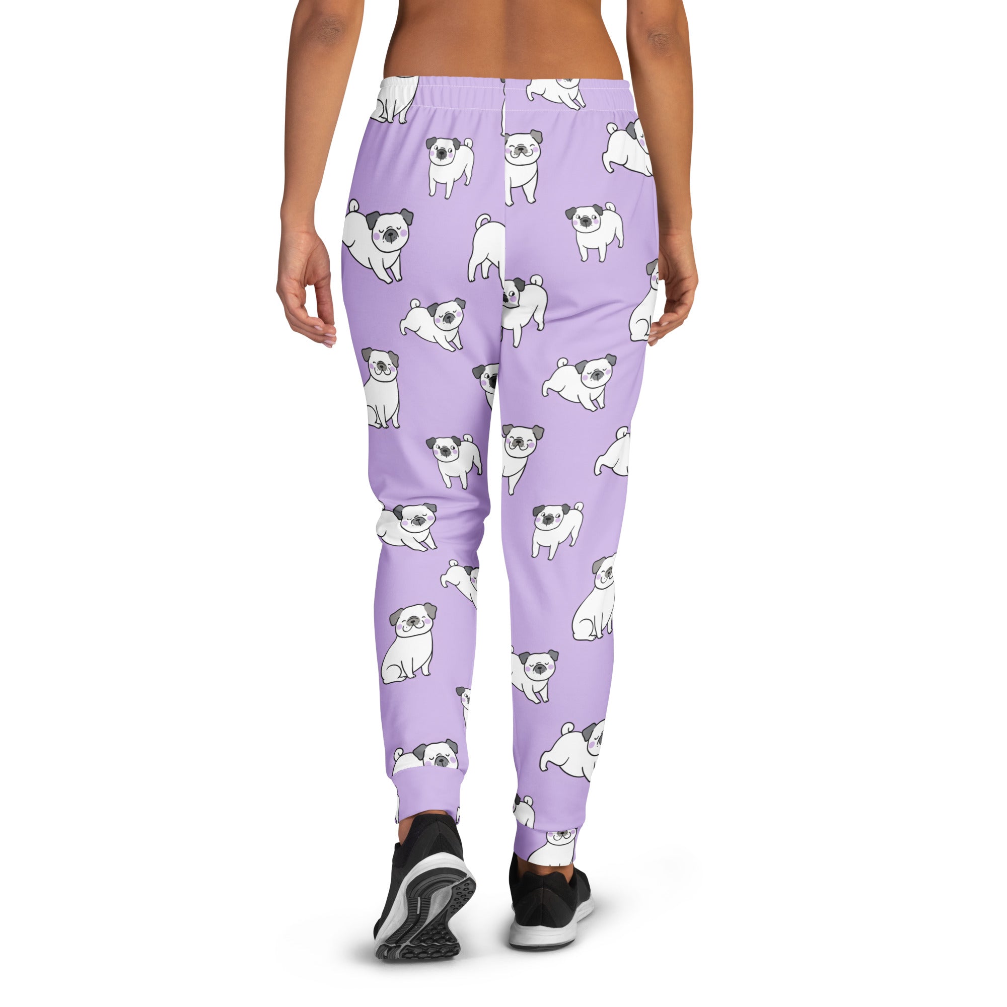 Women’s purple recycled jogger pants with cozy brushed fleece inside featuring a playful white pug pattern and pockets