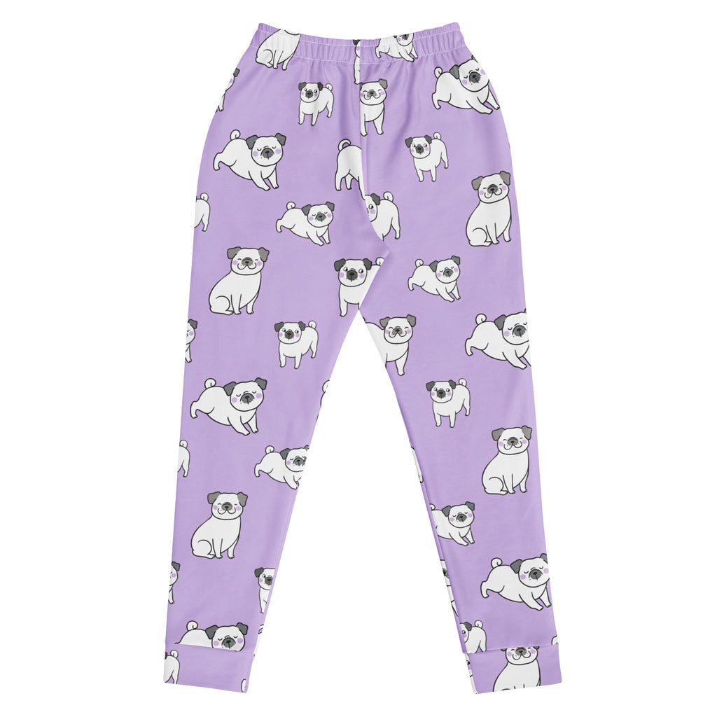 Women’s purple recycled jogger pants with pockets feature a playful white pug pattern and cozy brushed fleece inside