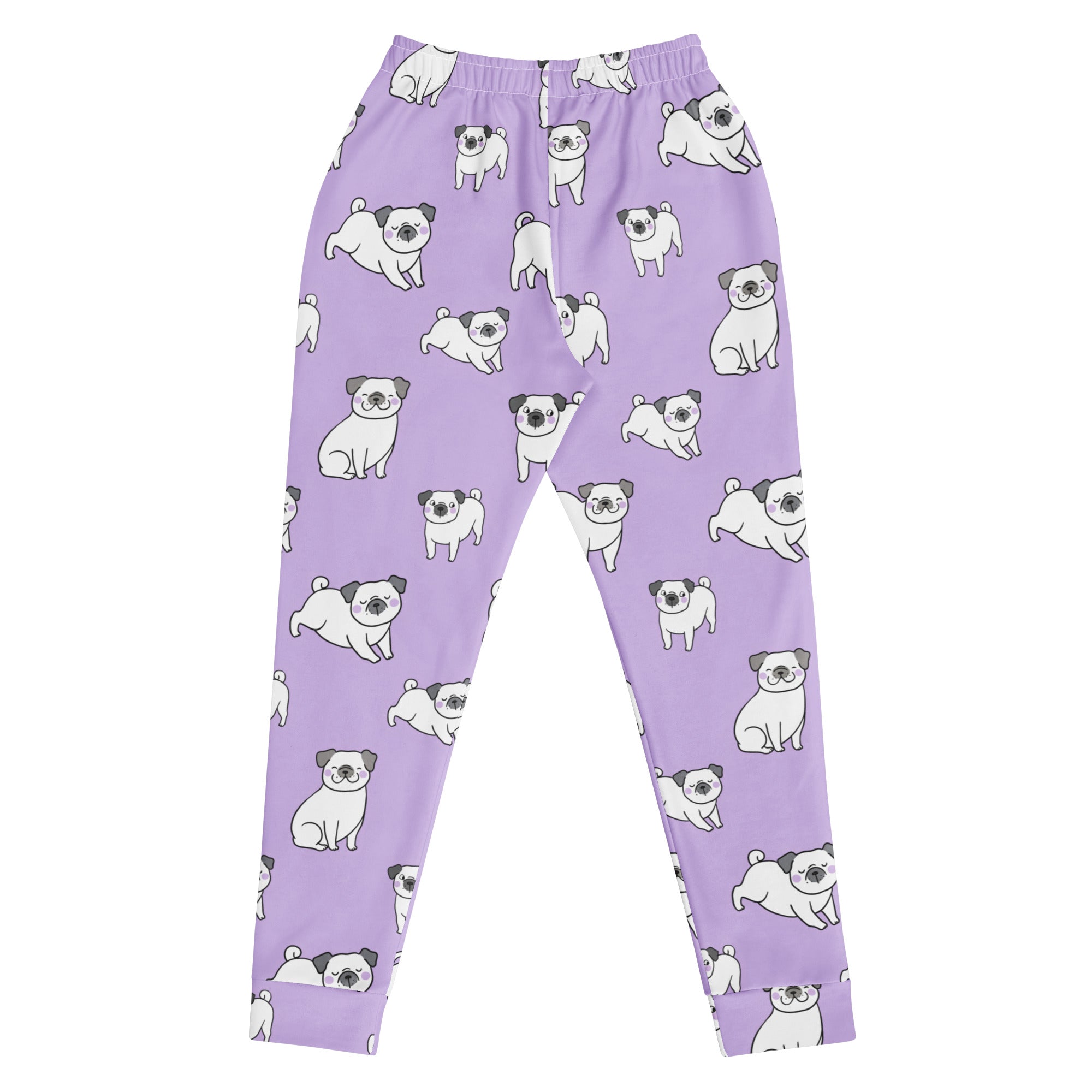 Women’s purple recycled jogger pants with pockets feature a playful white pug pattern and cozy brushed fleece inside