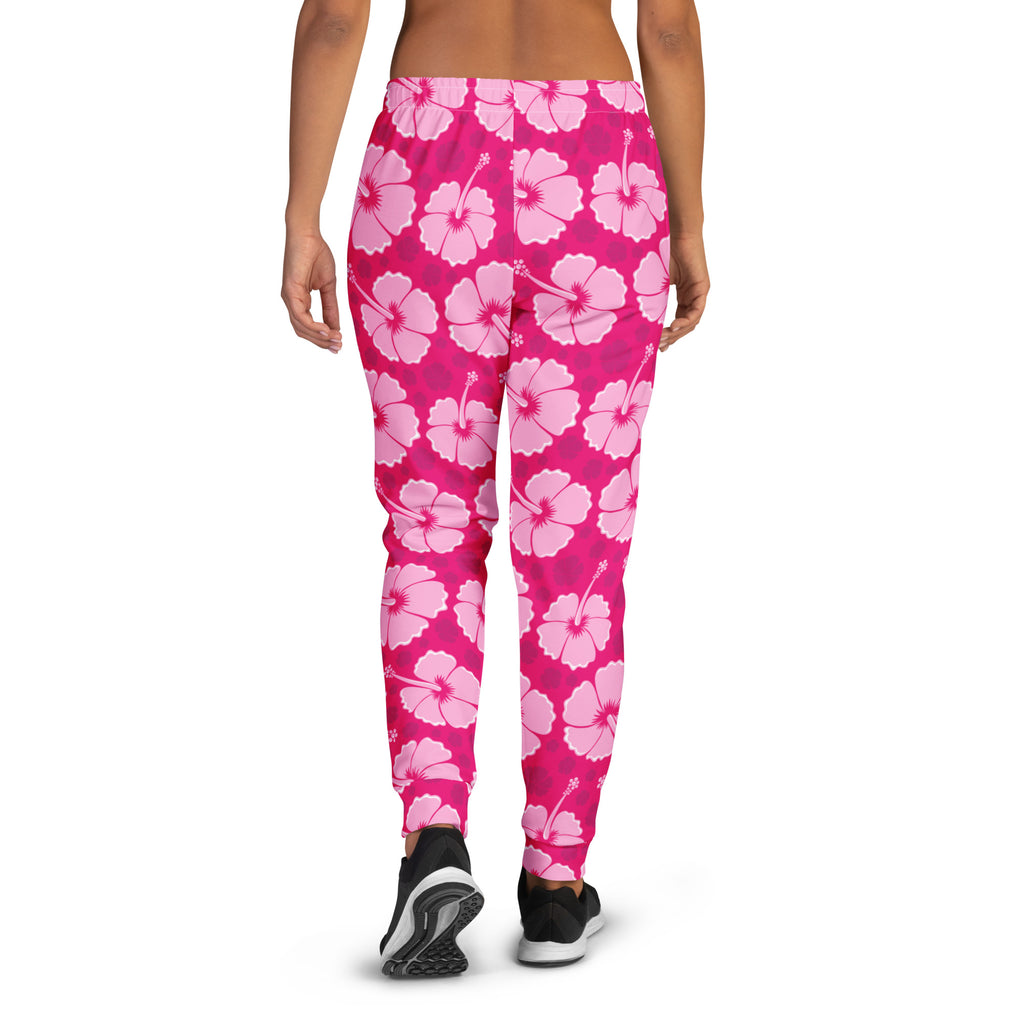 Women’s pink hibiscus floral recycled jogger pants with pockets cozy brushed inside fleece and vibrant fuchsia base