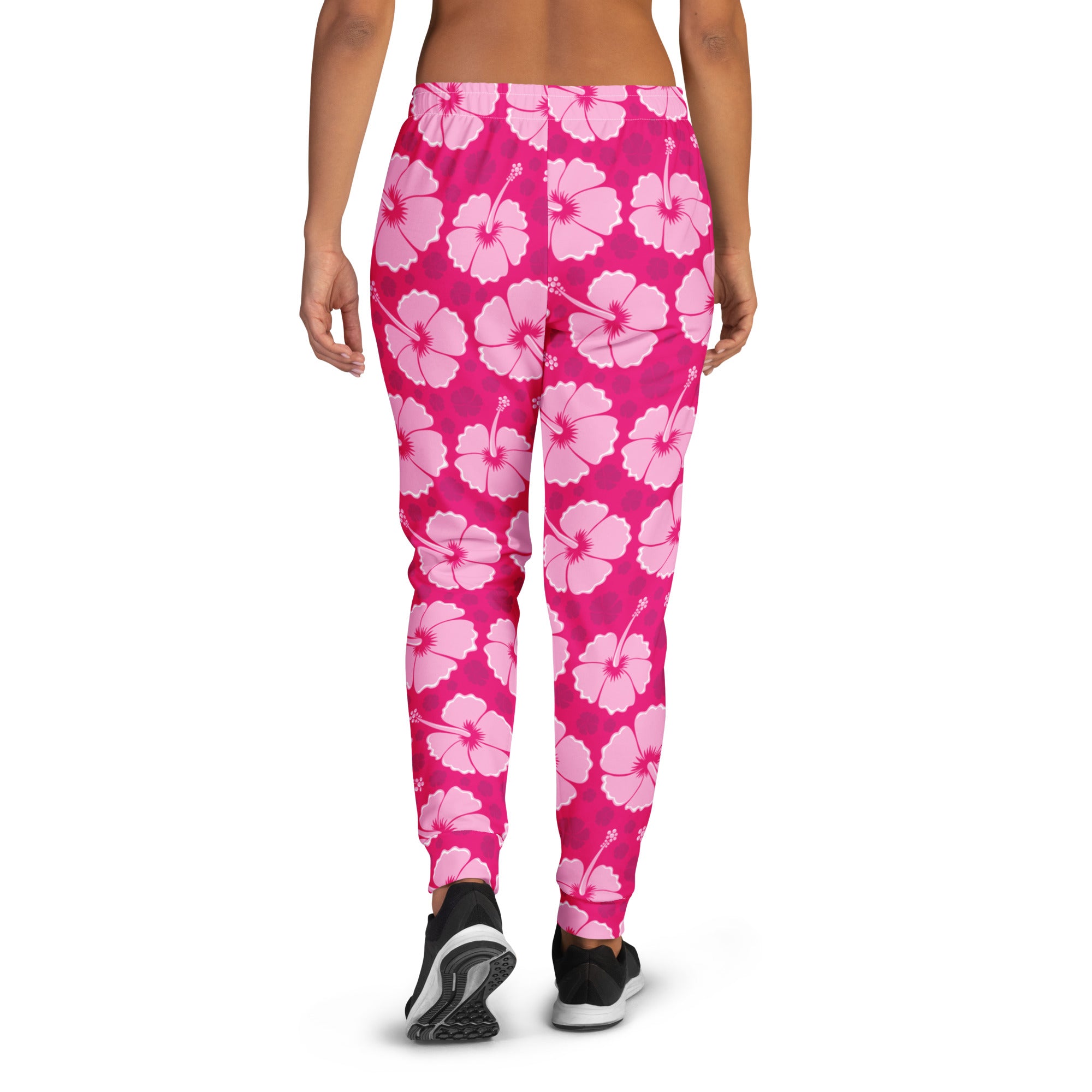 Women’s pink hibiscus floral recycled jogger pants with pockets cozy brushed inside fleece and vibrant fuchsia base
