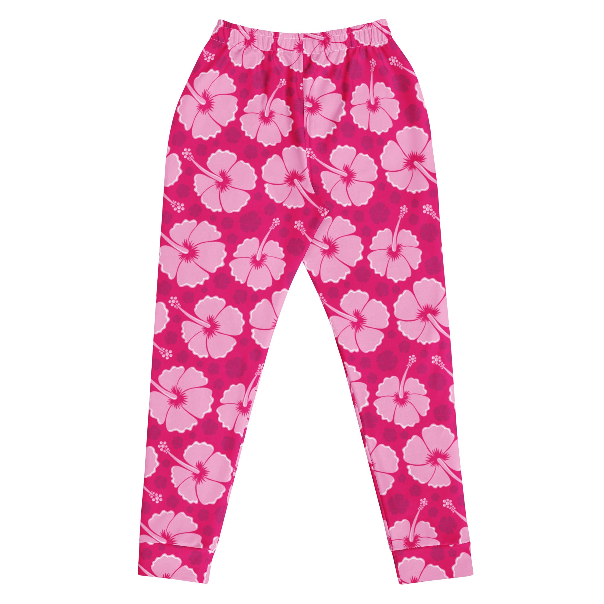 Women’s pink hibiscus floral recycled jogger pants with pockets featuring a vibrant magenta base and cozy fleece lining