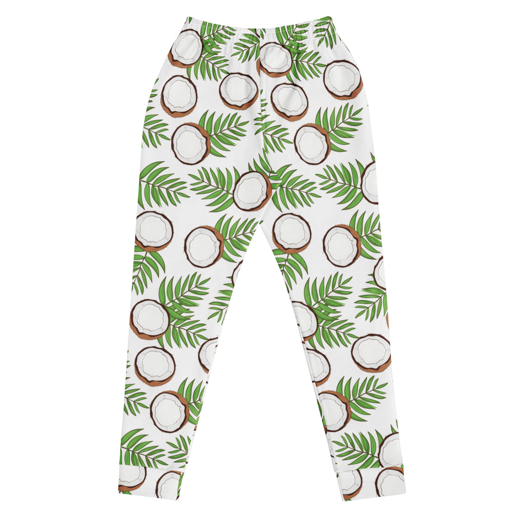 White recycled jogger pants with pockets featuring a playful coconut and palm leaf pattern and cozy fleece inside