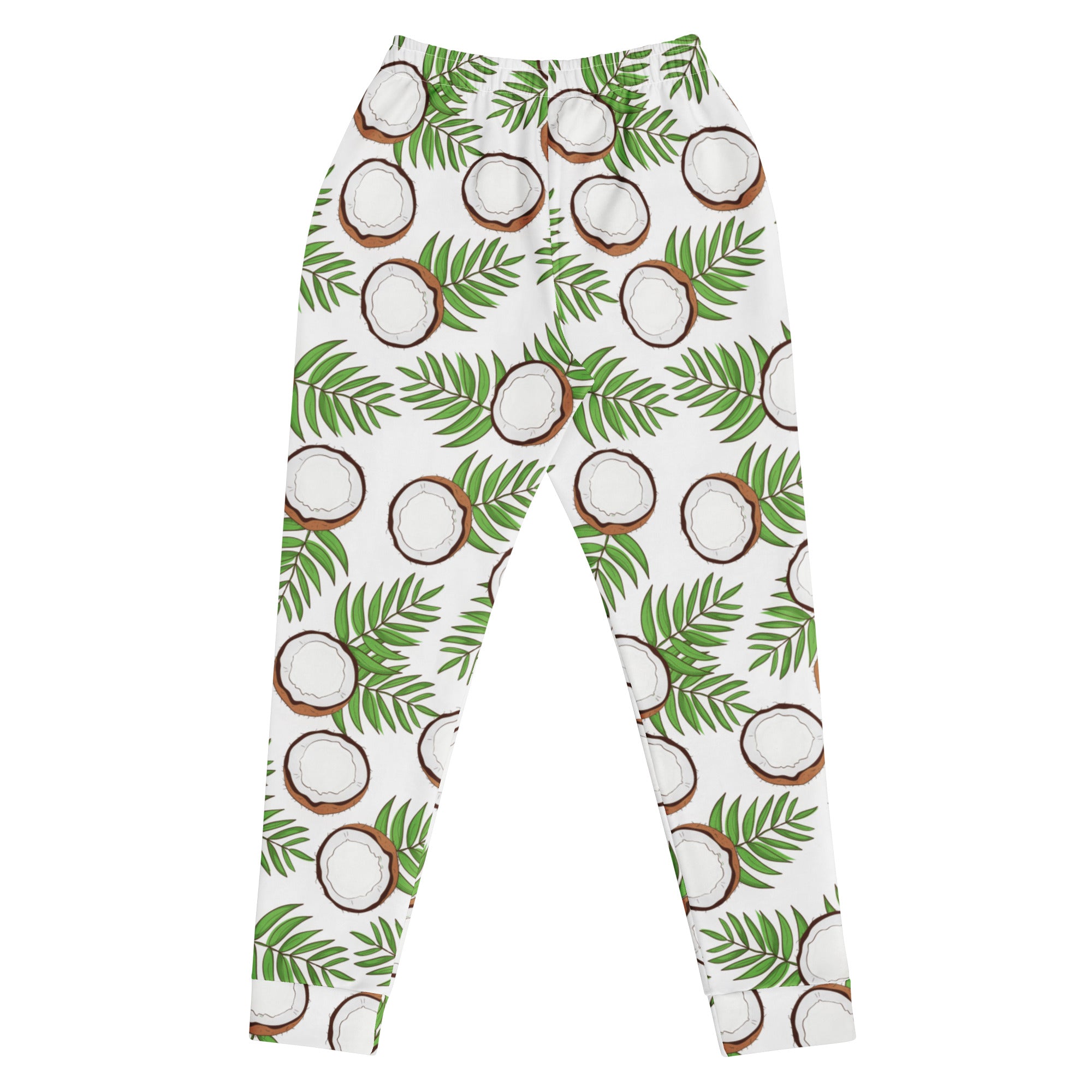 White recycled jogger pants with pockets featuring a playful coconut and palm leaf pattern and cozy fleece inside