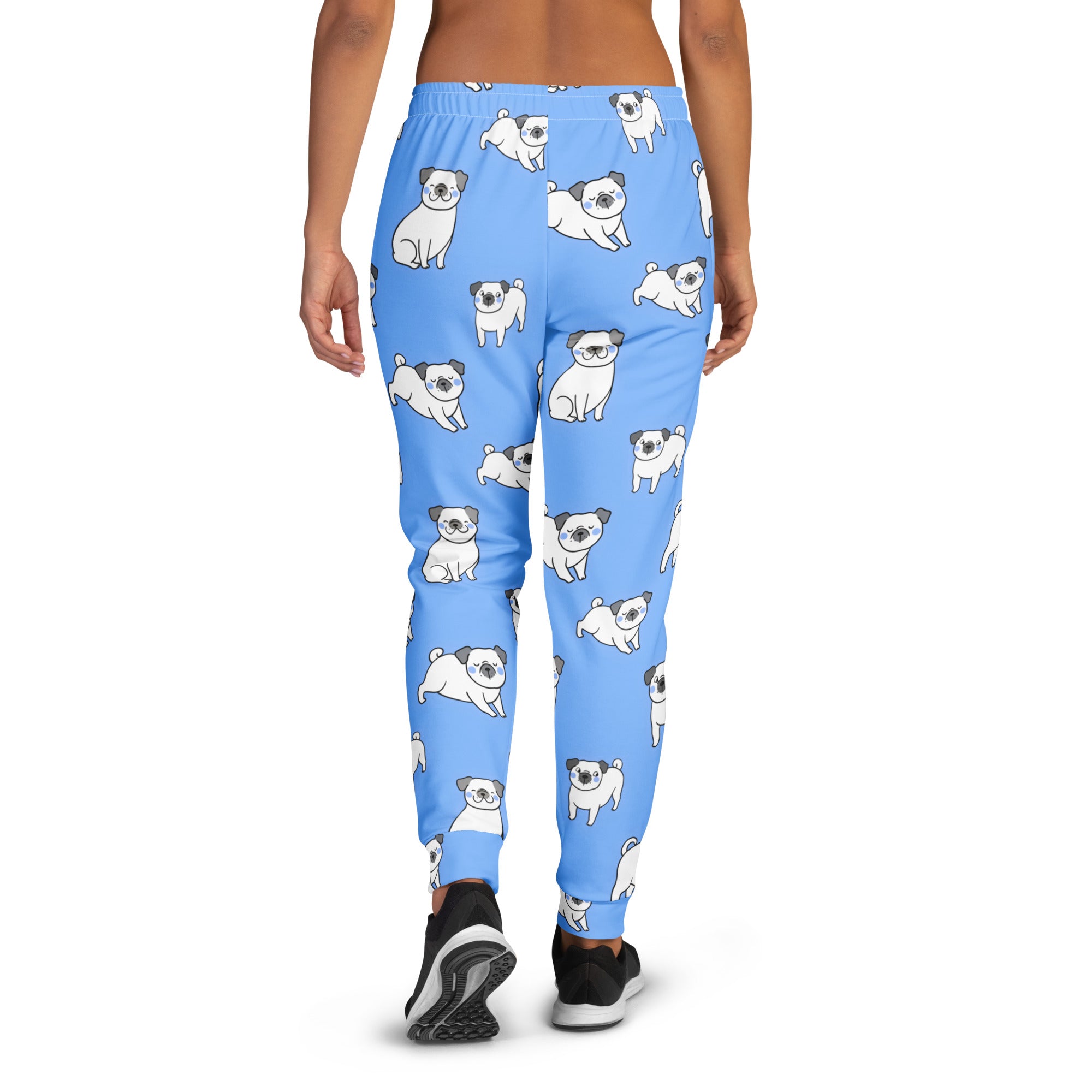 Women’s light blue recycled jogger pants with white pug pattern cozy brushed inside fleece and pockets
