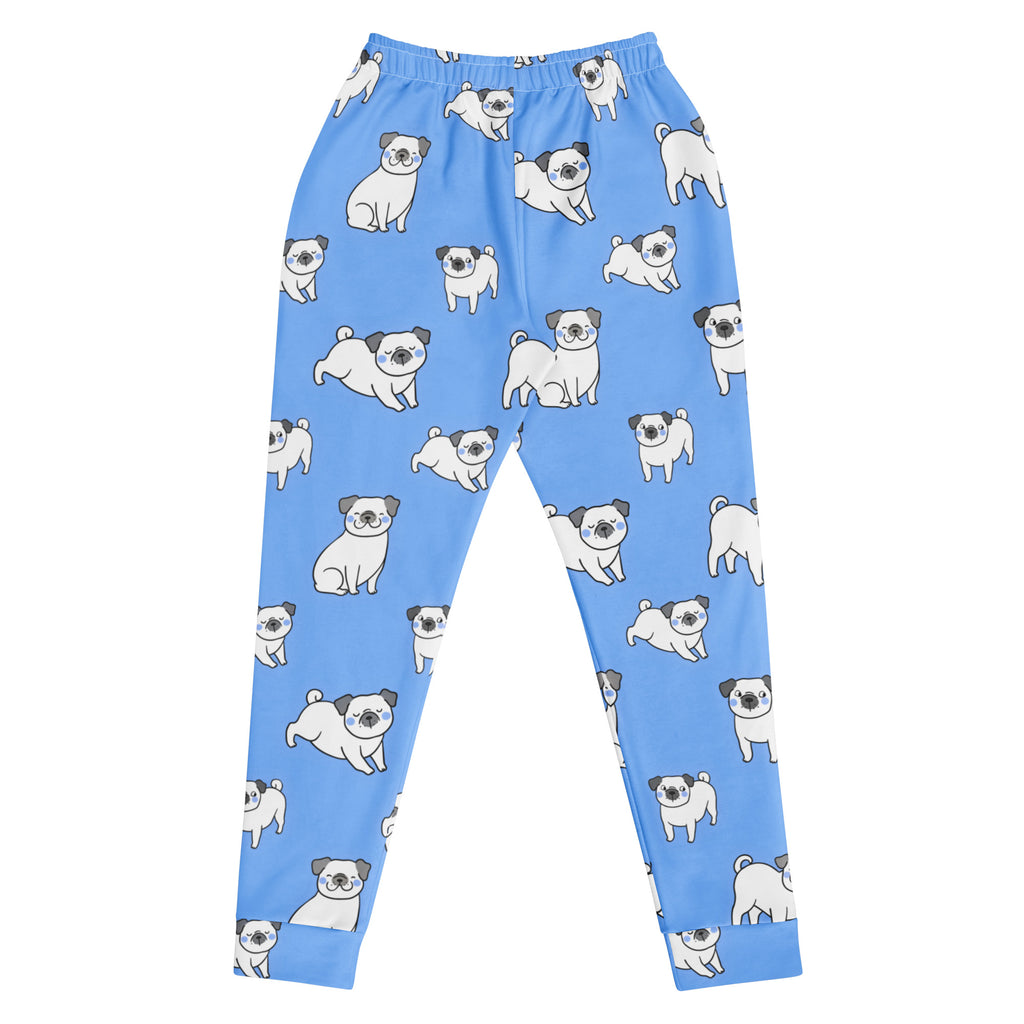 Women’s light blue recycled jogger pants with cozy fleece inside featuring white cartoon pugs with black ears and noses