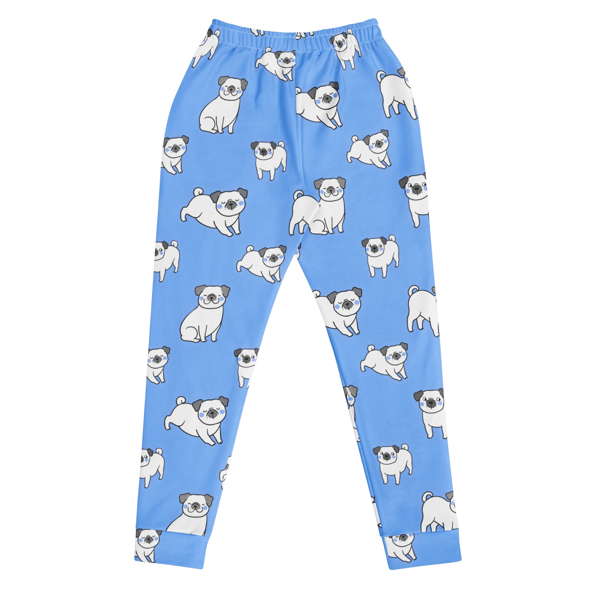 Women’s light blue recycled jogger pants with cozy fleece inside featuring white cartoon pugs with black ears and noses