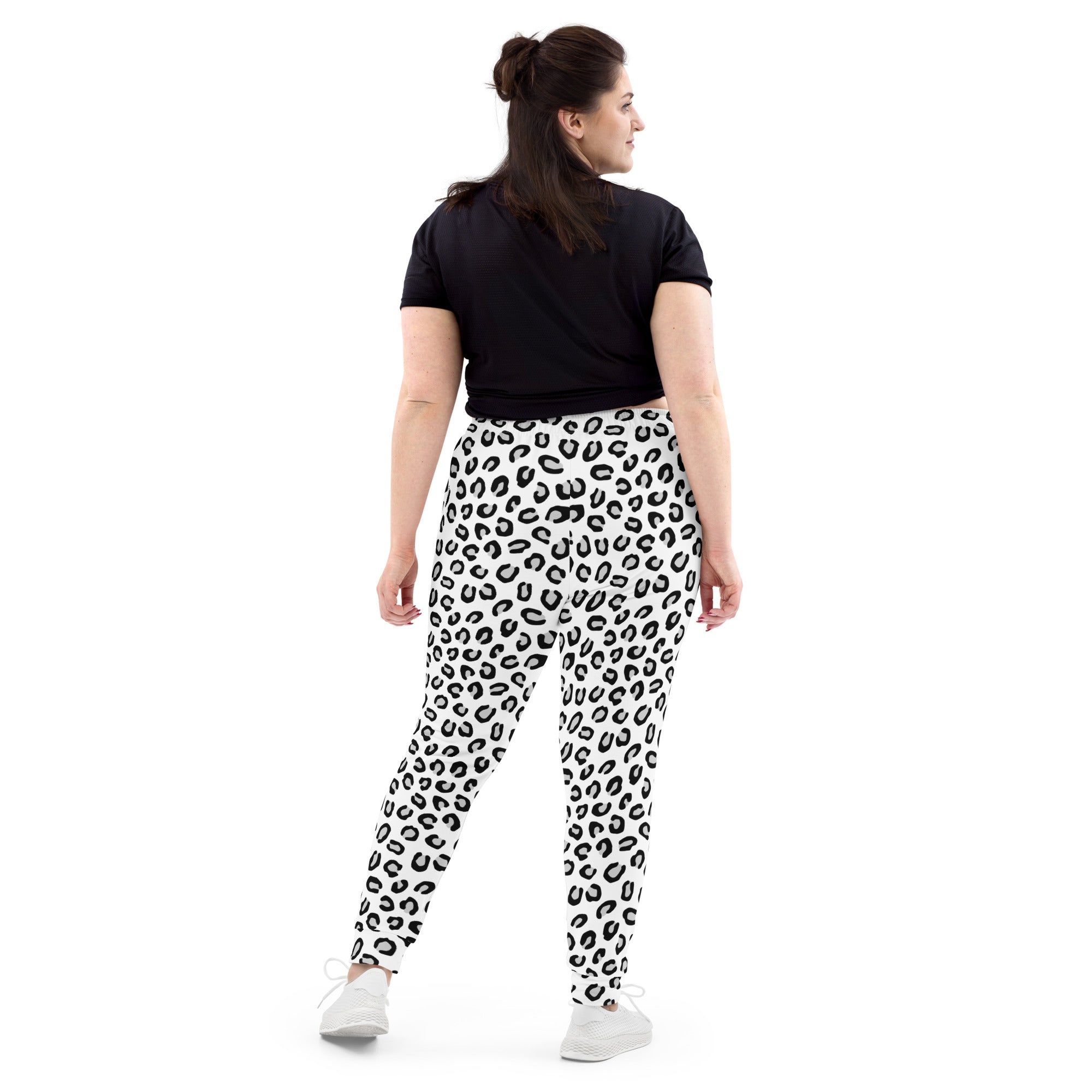 Women’s black and white leopard recycled jogger pants with pockets and cozy brushed inside fleece material