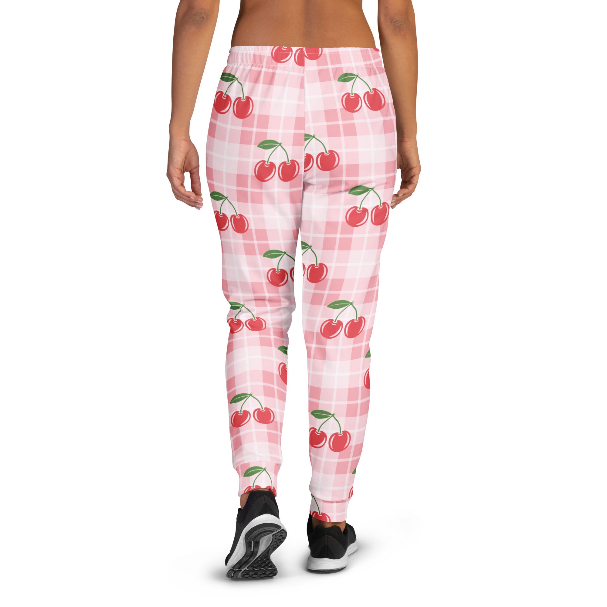 Women’s pink cherry plaid recycled jogger pants with cozy brushed inside fleece and pockets
