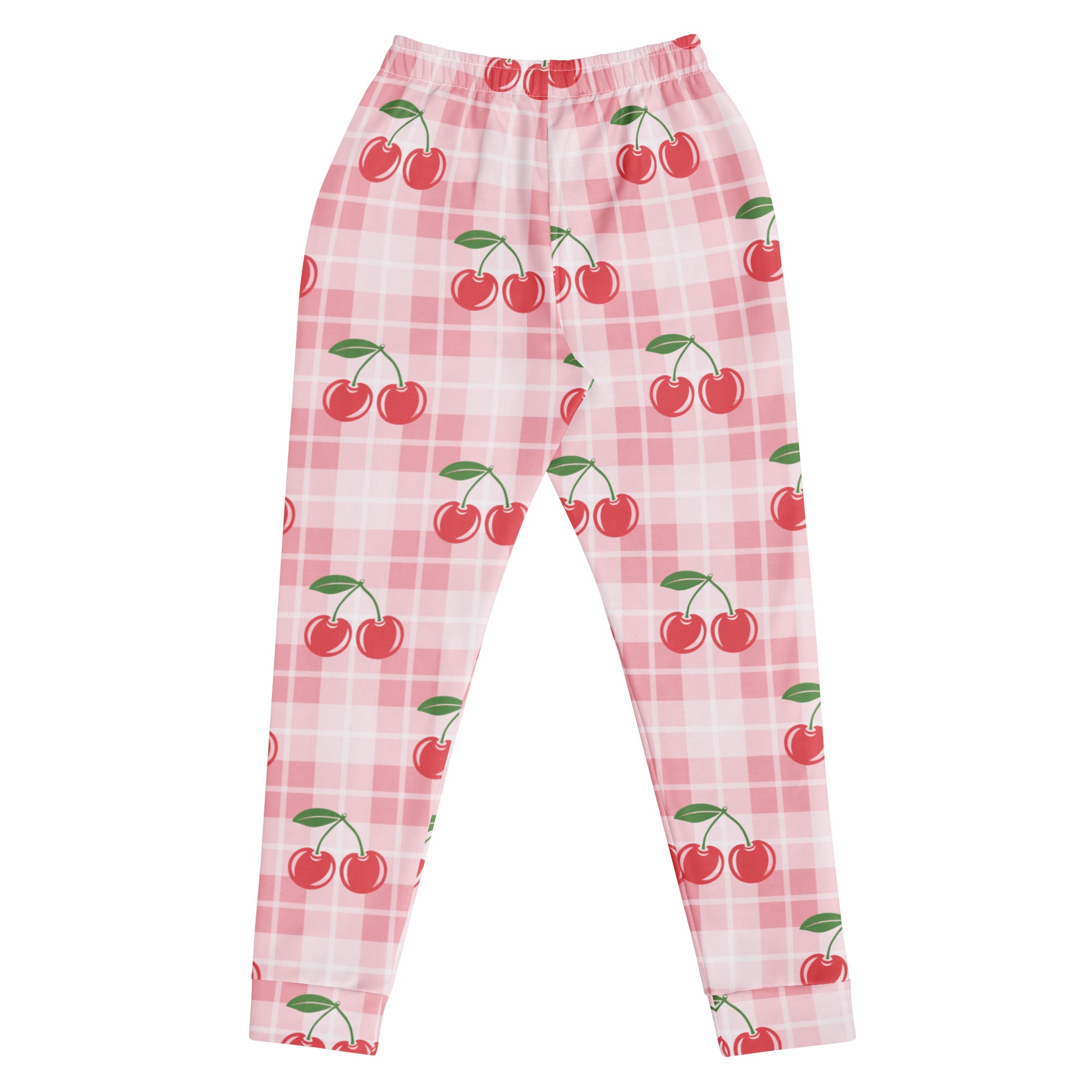 Women’s pink cherry plaid recycled jogger pants with elastic waistband cozy brushed inside fleece lining
