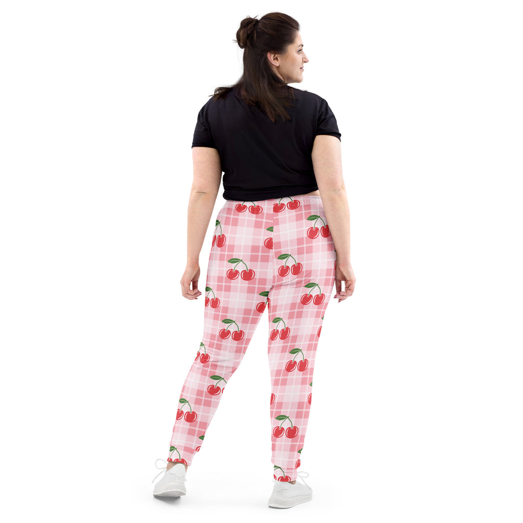 Women’s pink cherry-print plaid recycled jogger pants with pockets and cozy brushed inside fleece lining