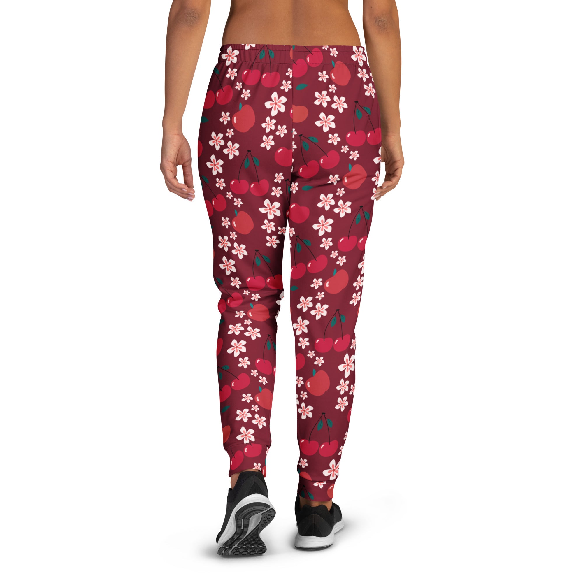 Women’s maroon jogger pants with red cherry and pink blossom pattern cozy brushed fleece with pockets