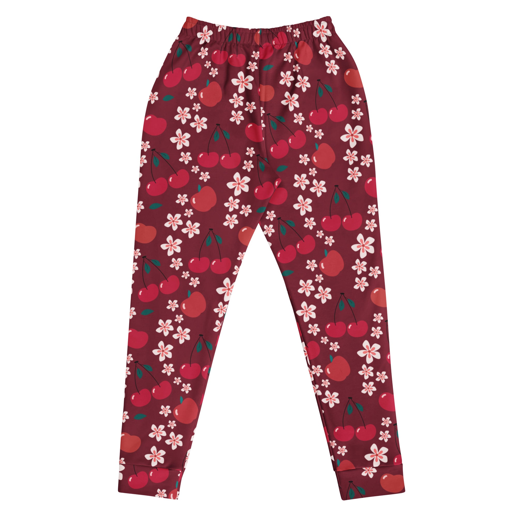 Women’s maroon cherry blossom jogger pants with pockets cozy brushed fleece inside featuring red cherries and pink blossoms