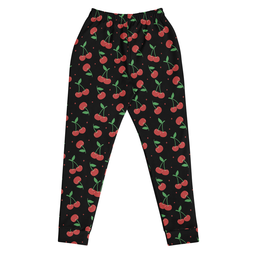 Women’s black cherry recycled jogger pants with cozy brushed inside fleece and playful red cherry pattern