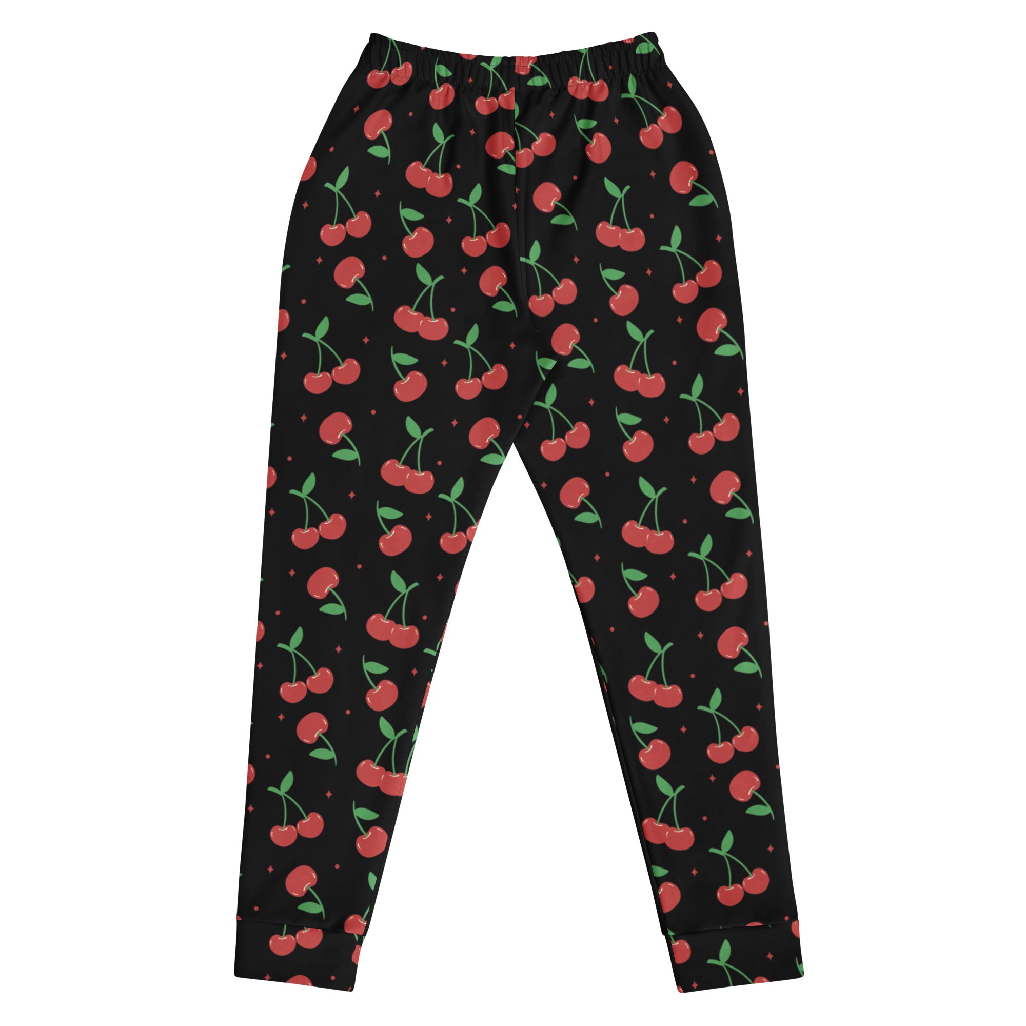 Women’s black cherry recycled jogger pants with cozy brushed inside fleece and playful red cherry pattern