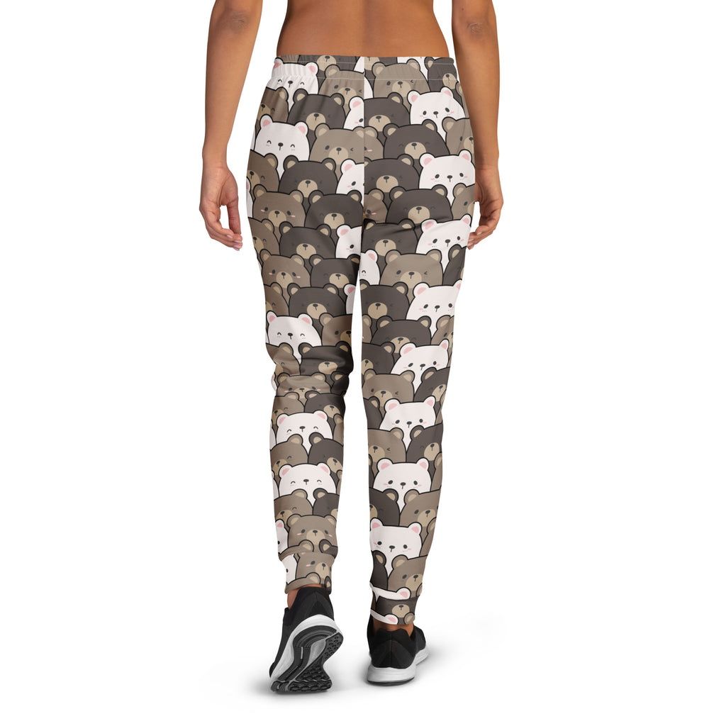 Women’s bear face recycled jogger pants with pockets featuring brown and white cartoon bear pattern and cozy fleece lining