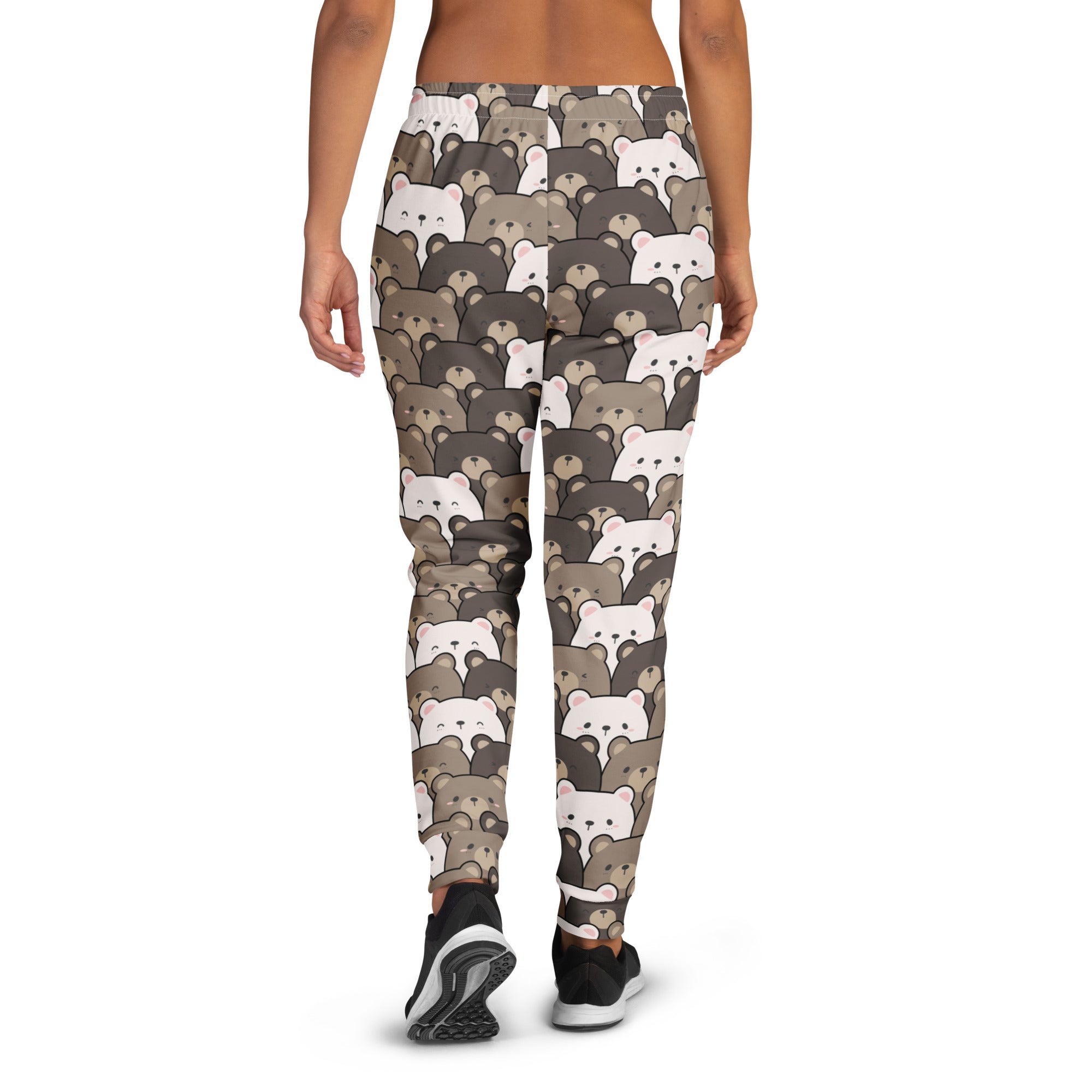 Women’s bear face recycled jogger pants with pockets featuring brown and white cartoon bear pattern and cozy fleece lining