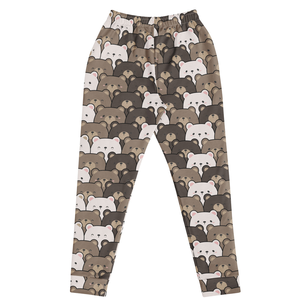 Women’s brown and white bear-patterned jogger pants with elastic waistband cozy brushed inside fleece pockets