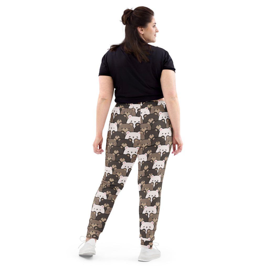 Women’s bear face recycled jogger pants with cozy brushed fleece featuring white and brown bear print on dark olive