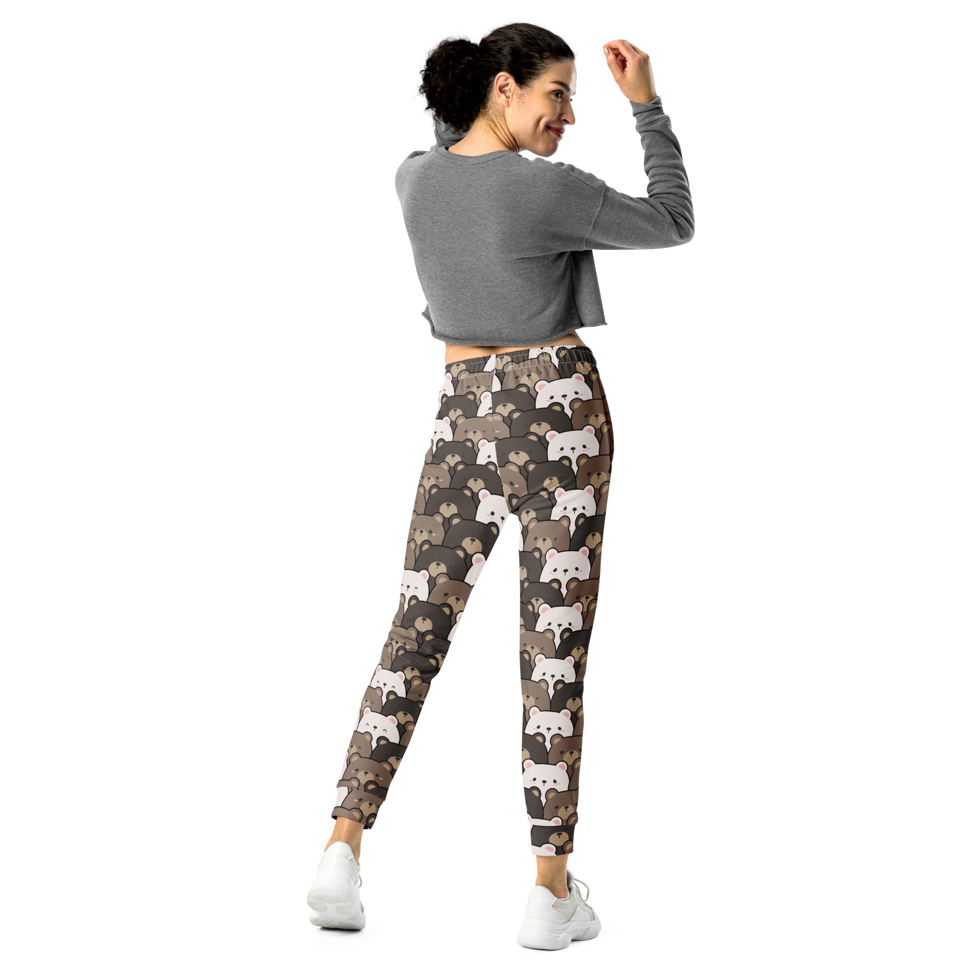 Women’s gray and white bear patterned recycled jogger pants with pockets and cozy brushed fleece inside