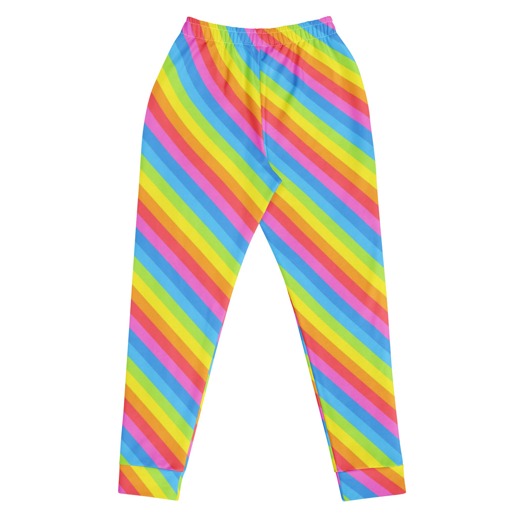 Women’s rainbow stripe recycled jogger pants with pockets featuring vibrant pink yellow blue and green diagonal stripes and cozy fleece lining
