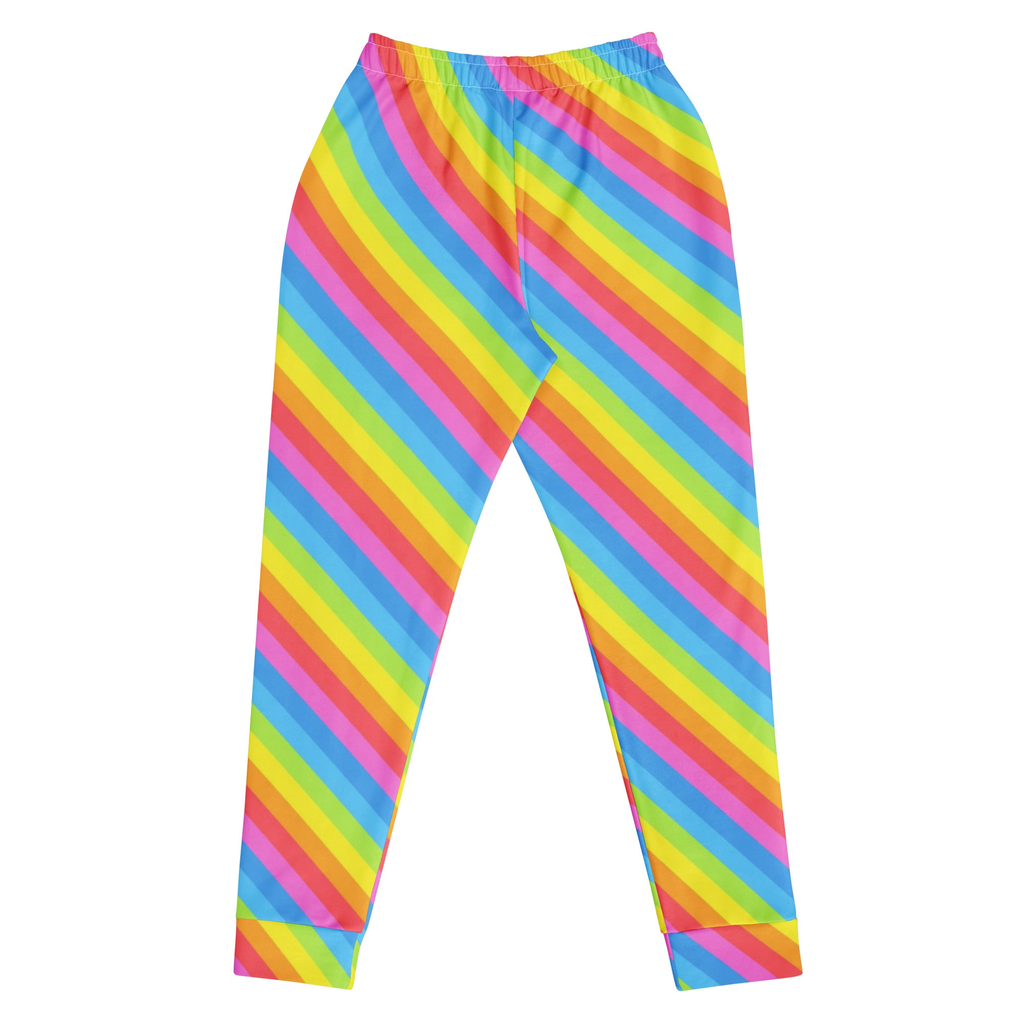 Women’s rainbow stripe recycled jogger pants with pockets featuring vibrant pink yellow blue and green diagonal stripes and cozy fleece lining