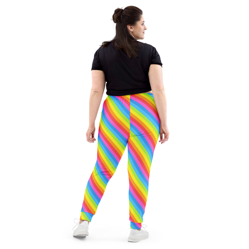 Women’s rainbow stripe recycled jogger pants with vibrant neon diagonal pattern and cozy brushed inside fleece pockets