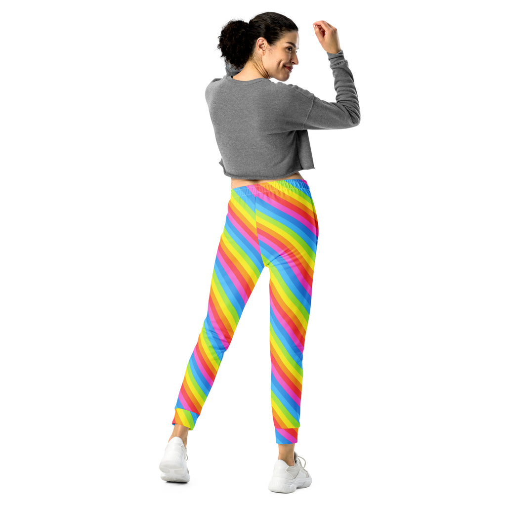 Women’s rainbow stripe recycled jogger pants with vibrant diagonal pattern and cozy brushed inside fleece lining